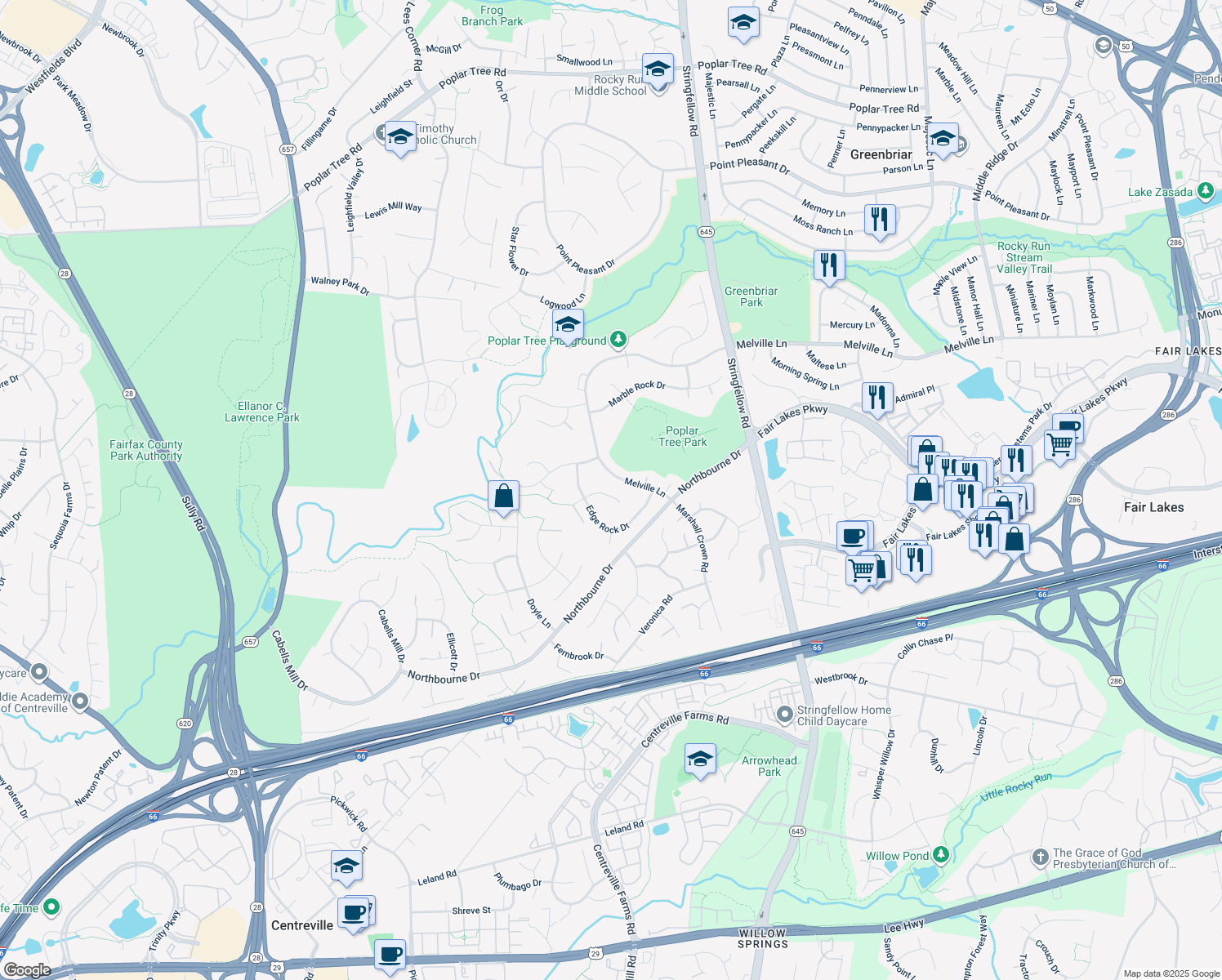 map of restaurants, bars, coffee shops, grocery stores, and more near 13486 Edge Rock Court in Chantilly