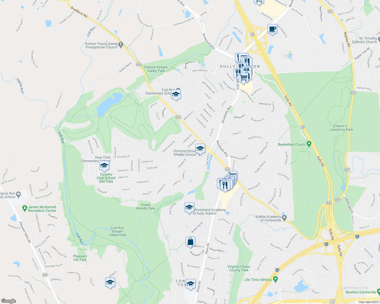 map of restaurants, bars, coffee shops, grocery stores, and more near 14708 Jarnigan Street in Centreville