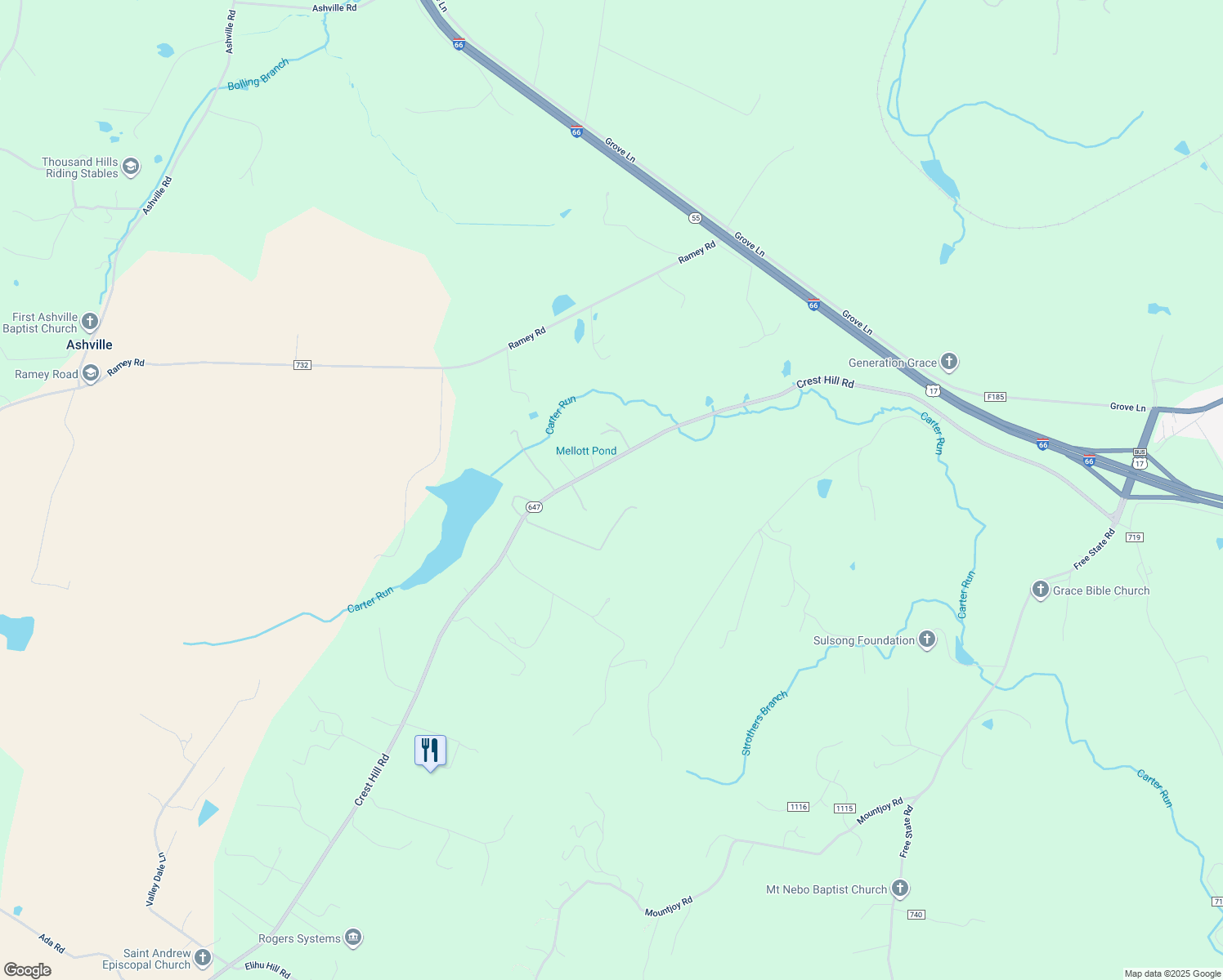 map of restaurants, bars, coffee shops, grocery stores, and more near 9335 Crest Hill Road in Marshall
