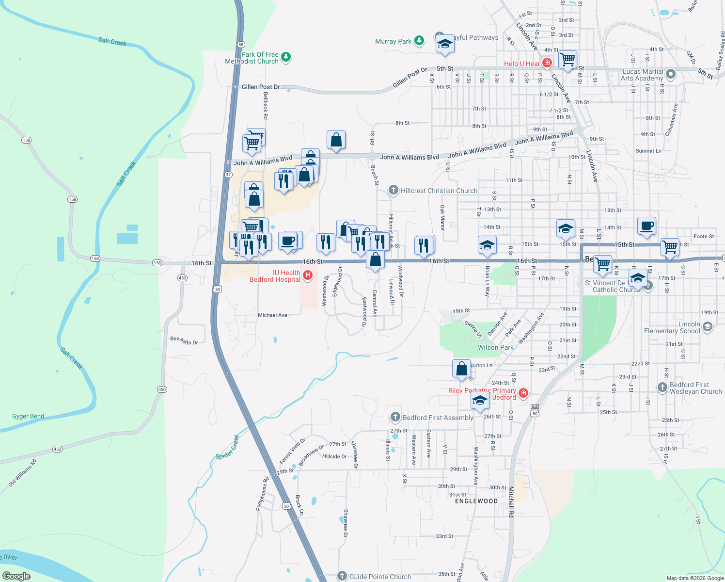 map of restaurants, bars, coffee shops, grocery stores, and more near 318 Eastwood Dr in Bedford