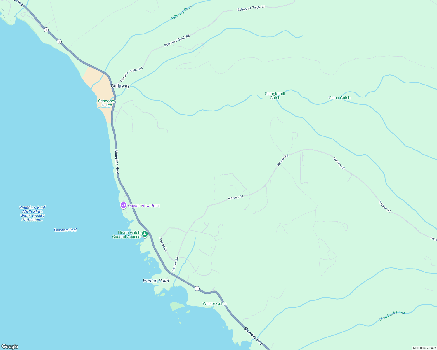 map of restaurants, bars, coffee shops, grocery stores, and more near 46320 Iversen Road in Point Arena