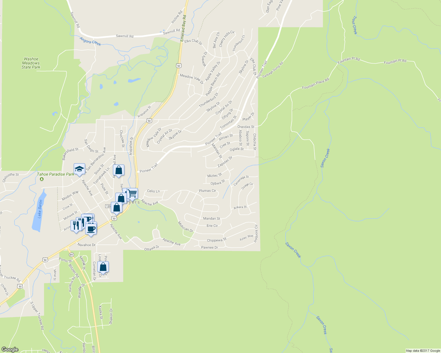 map of restaurants, bars, coffee shops, grocery stores, and more near 1552 Miztec Street in South Lake Tahoe