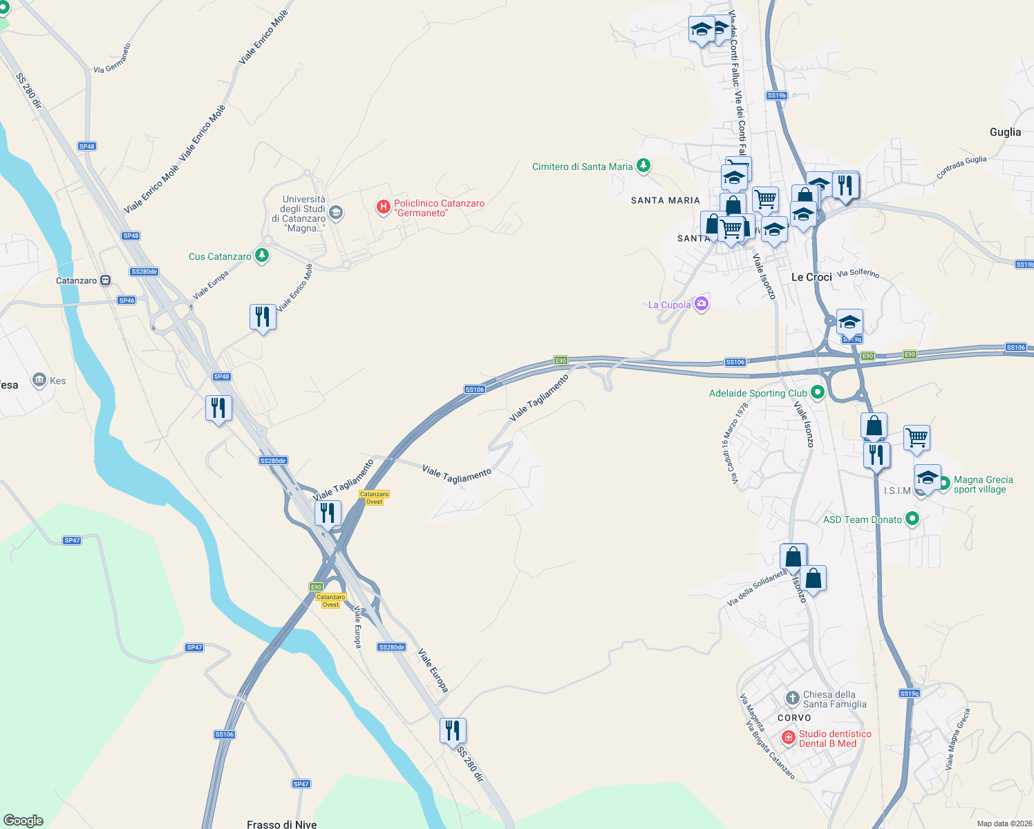 map of restaurants, bars, coffee shops, grocery stores, and more near Viale Tagliamento in Provincia di Catanzaro