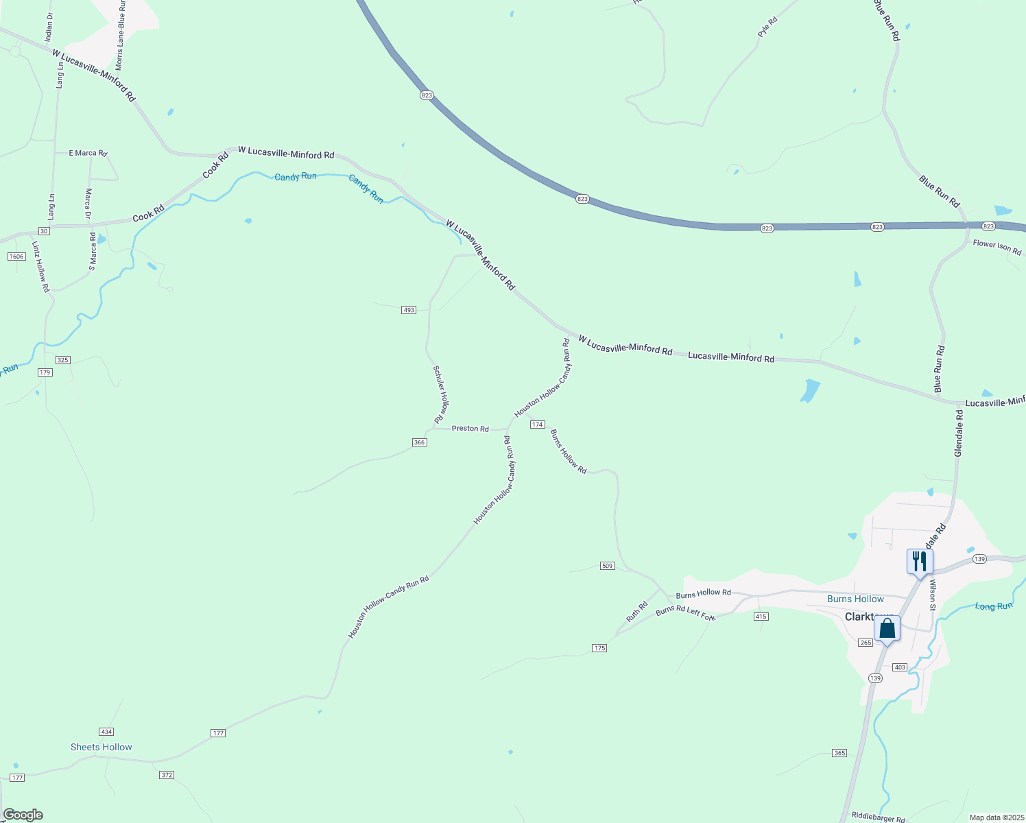 map of restaurants, bars, coffee shops, grocery stores, and more near 2431 Huston Hollow-Candy Run Road in Lucasville