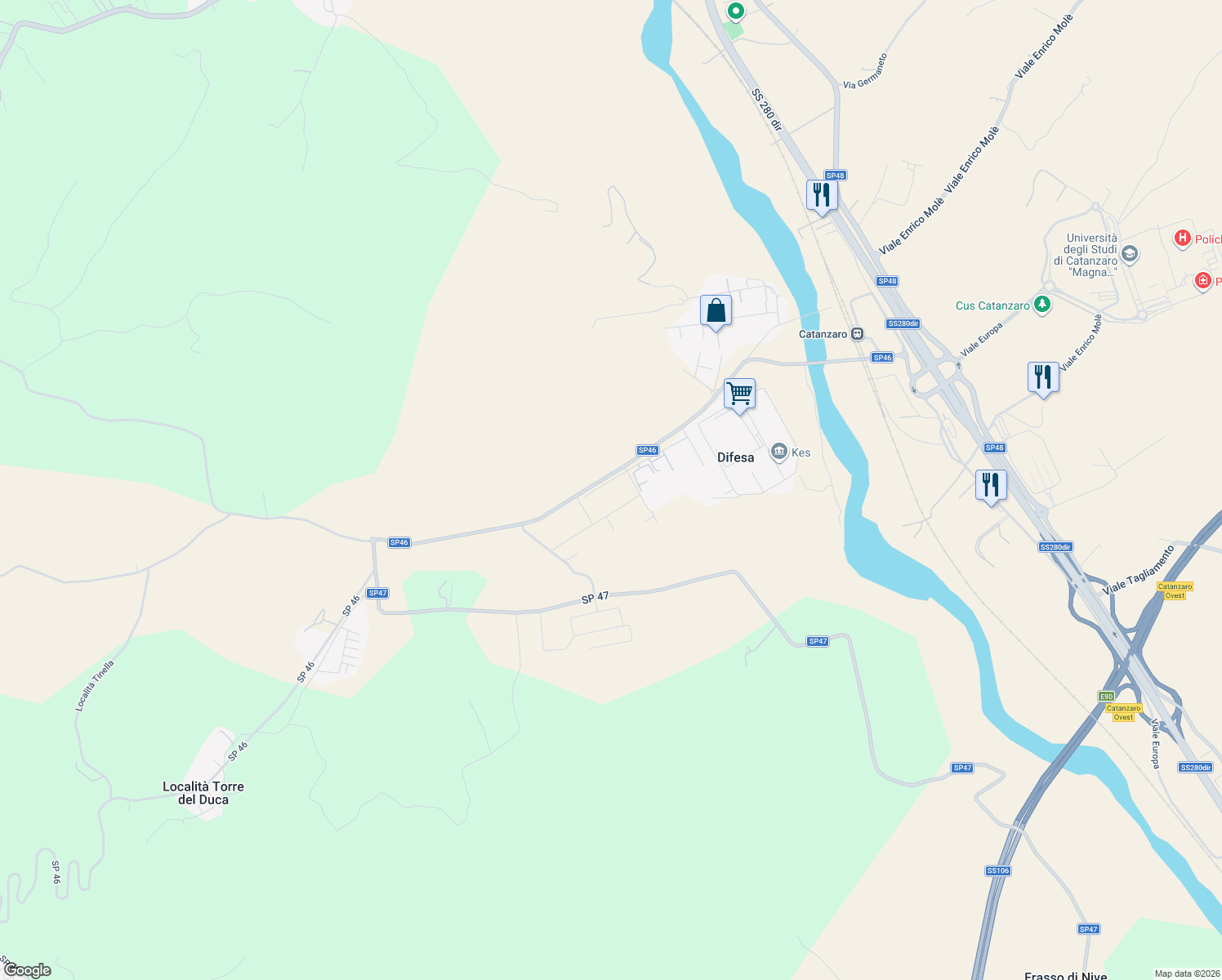 map of restaurants, bars, coffee shops, grocery stores, and more near Strada Provinciale 46 in Provincia di Catanzaro