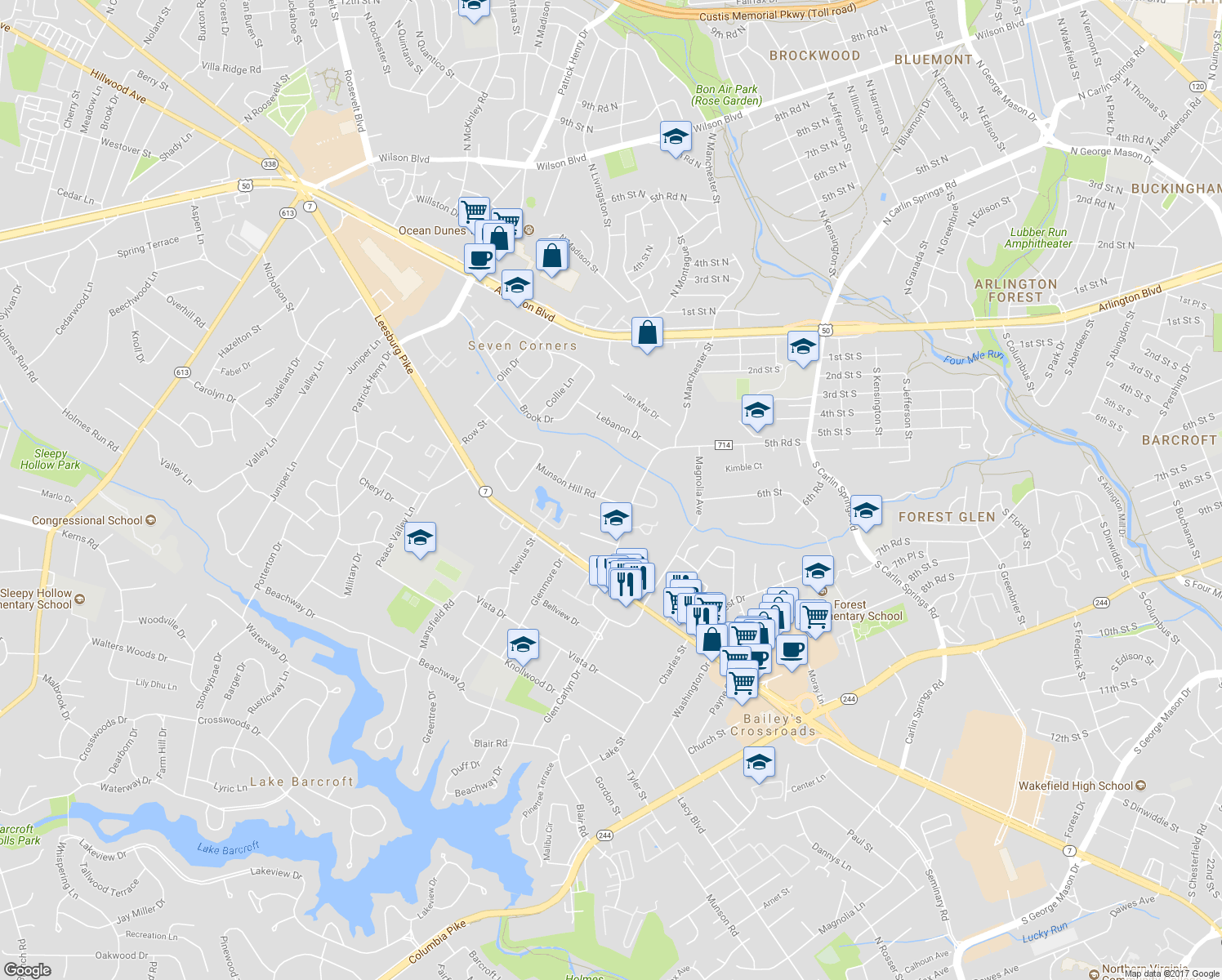 map of restaurants, bars, coffee shops, grocery stores, and more near 3221 Hallran Road in Falls Church
