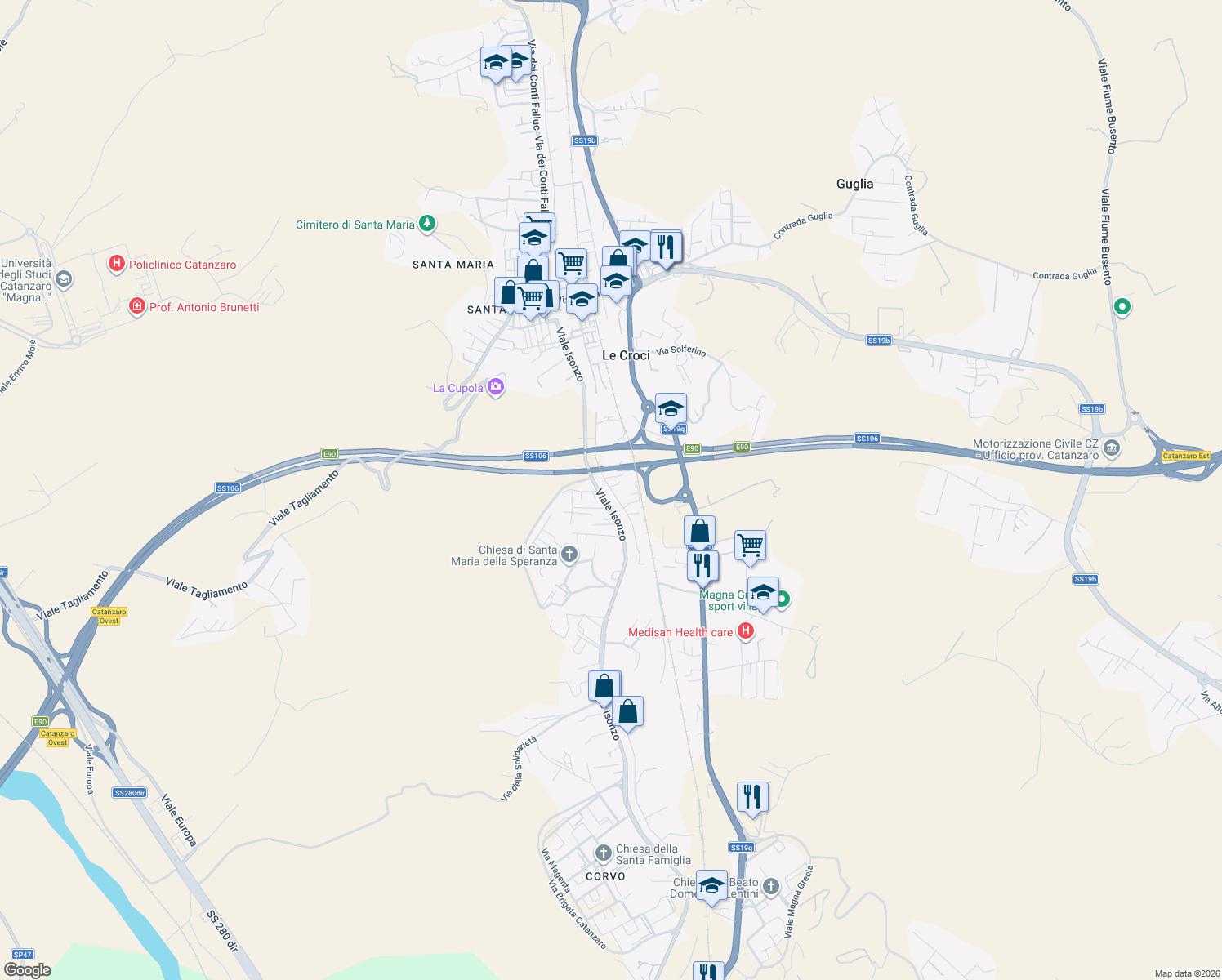 map of restaurants, bars, coffee shops, grocery stores, and more near 16 Via Abruzzi in Catanzaro