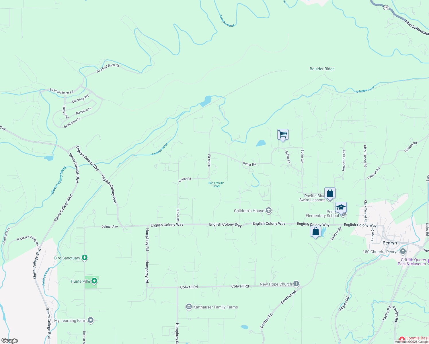 map of restaurants, bars, coffee shops, grocery stores, and more near 5858 Butler Road in Penryn