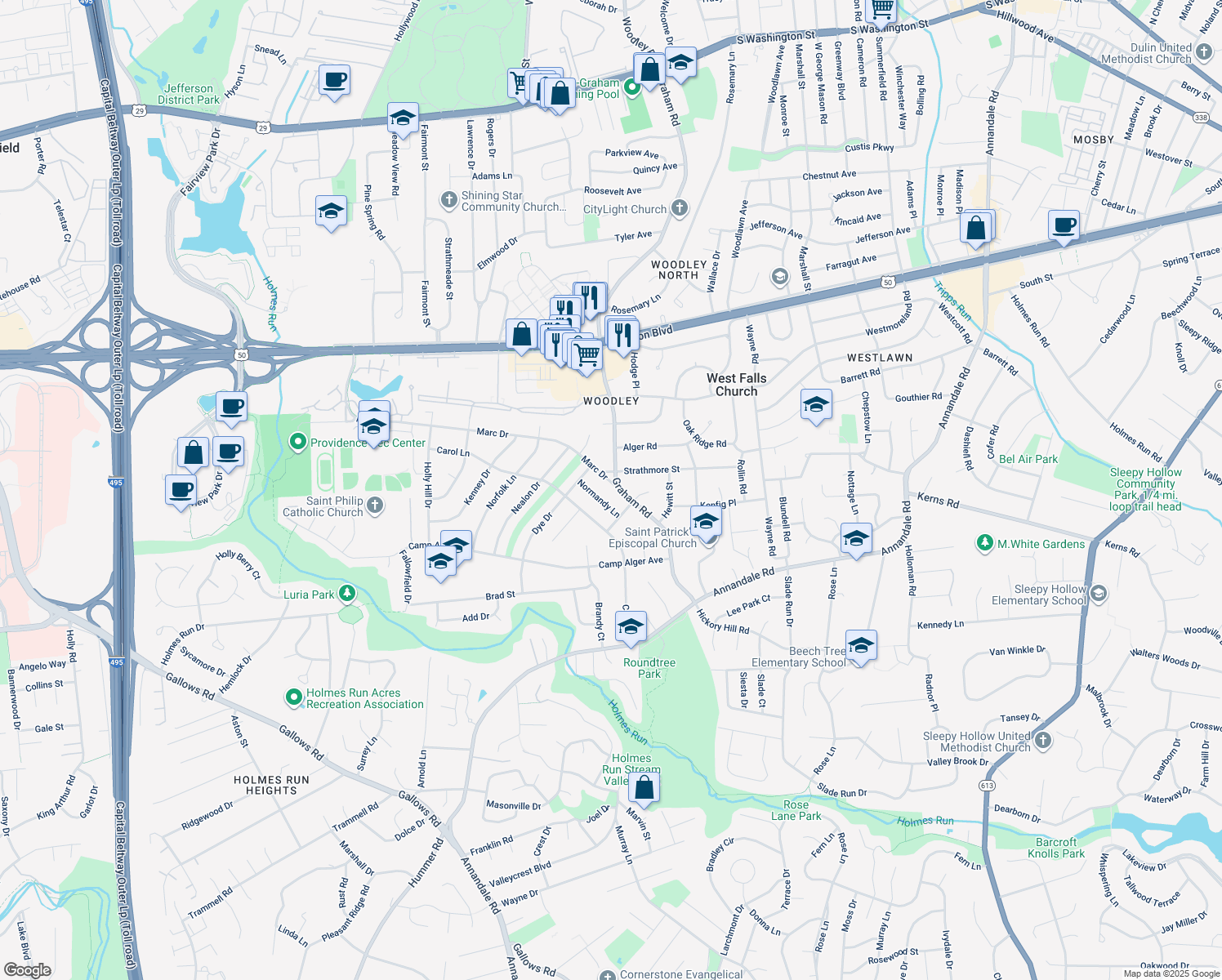 map of restaurants, bars, coffee shops, grocery stores, and more near 7205 Marc Drive in Falls Church