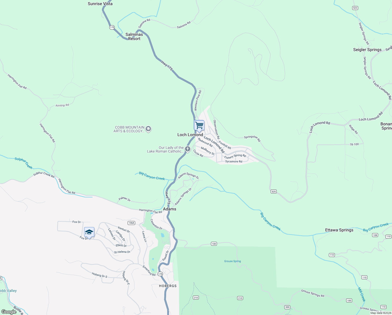 map of restaurants, bars, coffee shops, grocery stores, and more near 12750 Highway 175 in Loch Lomond