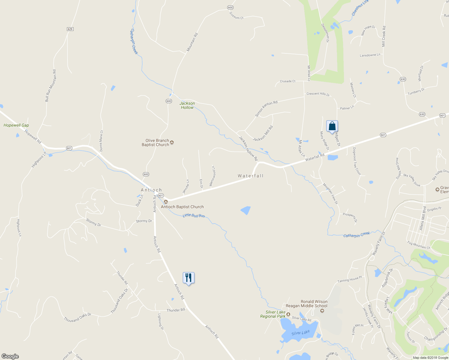 map of restaurants, bars, coffee shops, grocery stores, and more near 16380 Waterfall Road in Haymarket