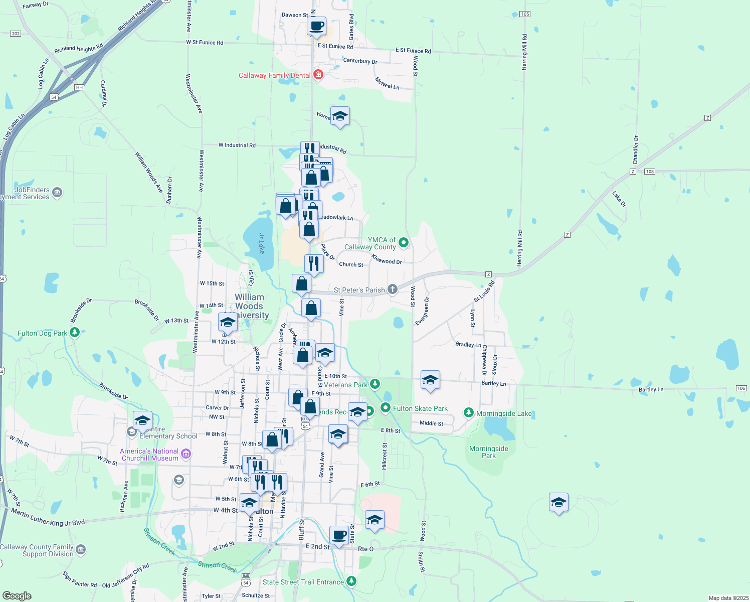 map of restaurants, bars, coffee shops, grocery stores, and more near 13 Country Club Dr in Fulton