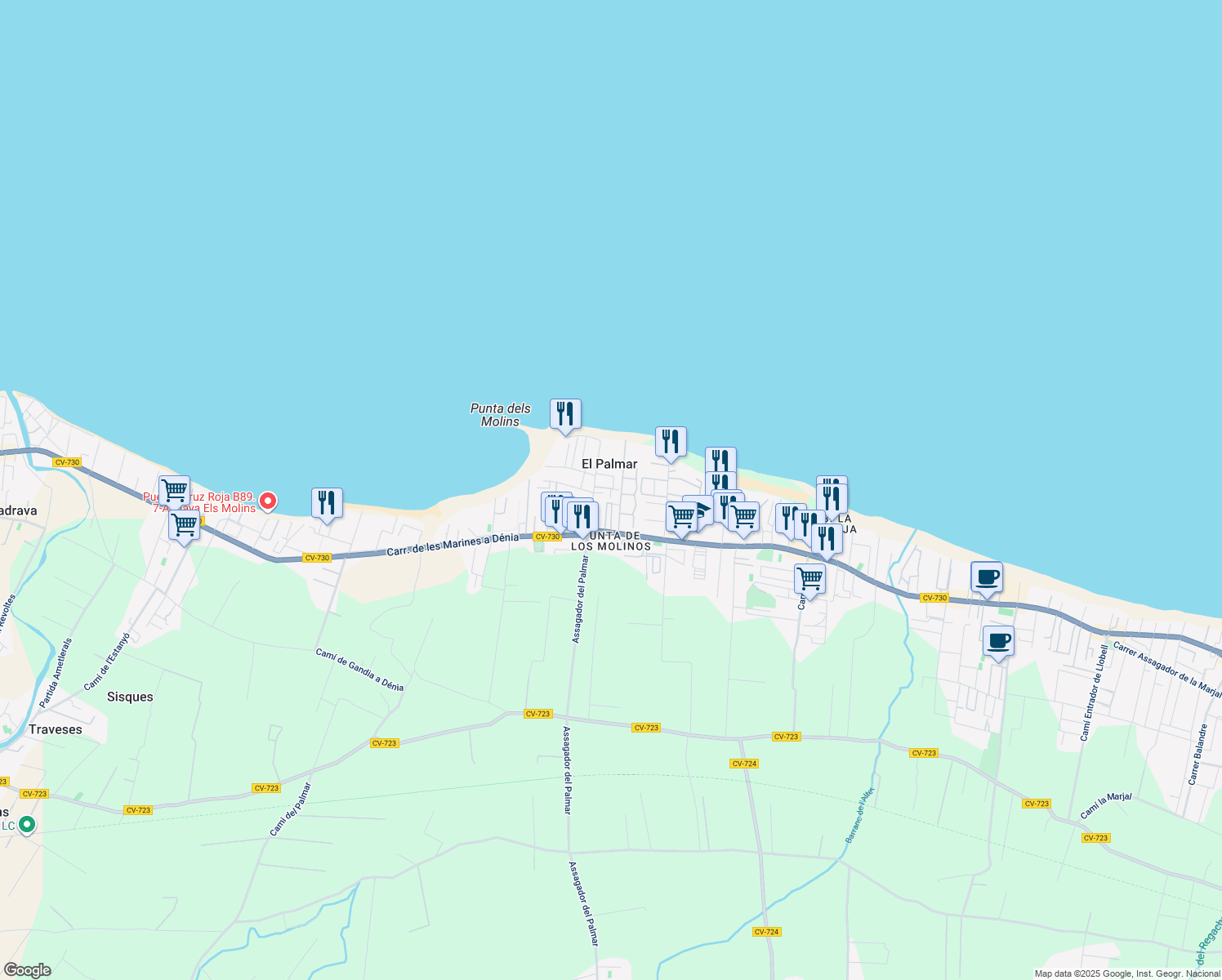 map of restaurants, bars, coffee shops, grocery stores, and more near 4A carrer Mar Egue in Dénia