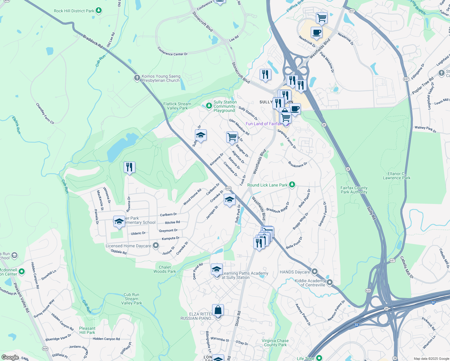 map of restaurants, bars, coffee shops, grocery stores, and more near 14706 Braddock Road in Centreville
