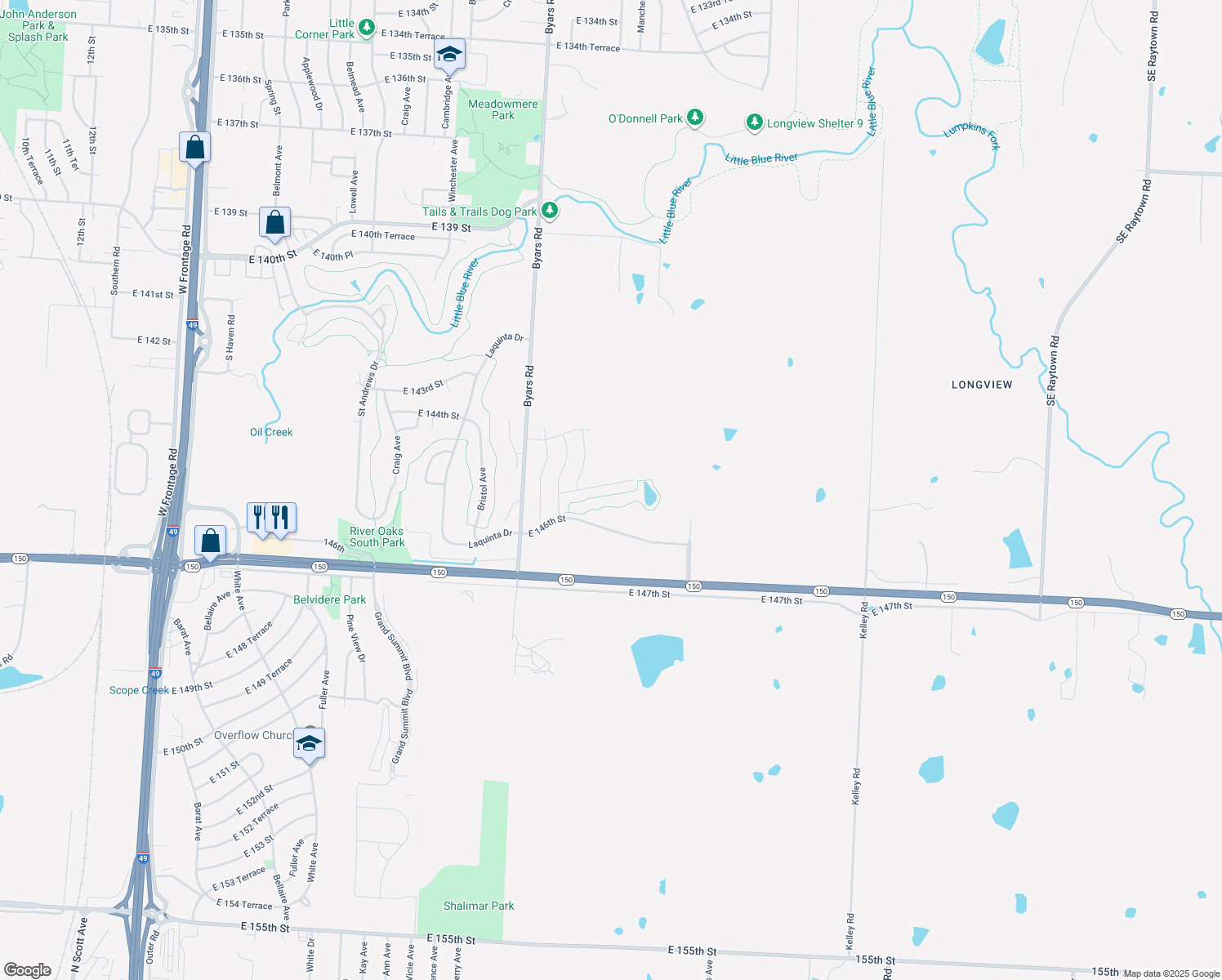 map of restaurants, bars, coffee shops, grocery stores, and more near 7705 East 143rd Terrace in Grandview