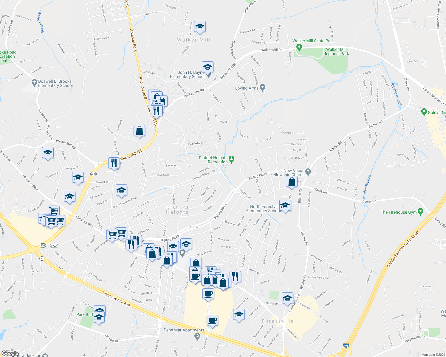 map of restaurants, bars, coffee shops, grocery stores, and more near 2007 Marbury Dr in District Heights