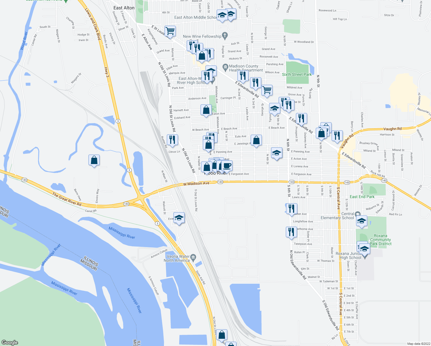 map of restaurants, bars, coffee shops, grocery stores, and more near in Wood River