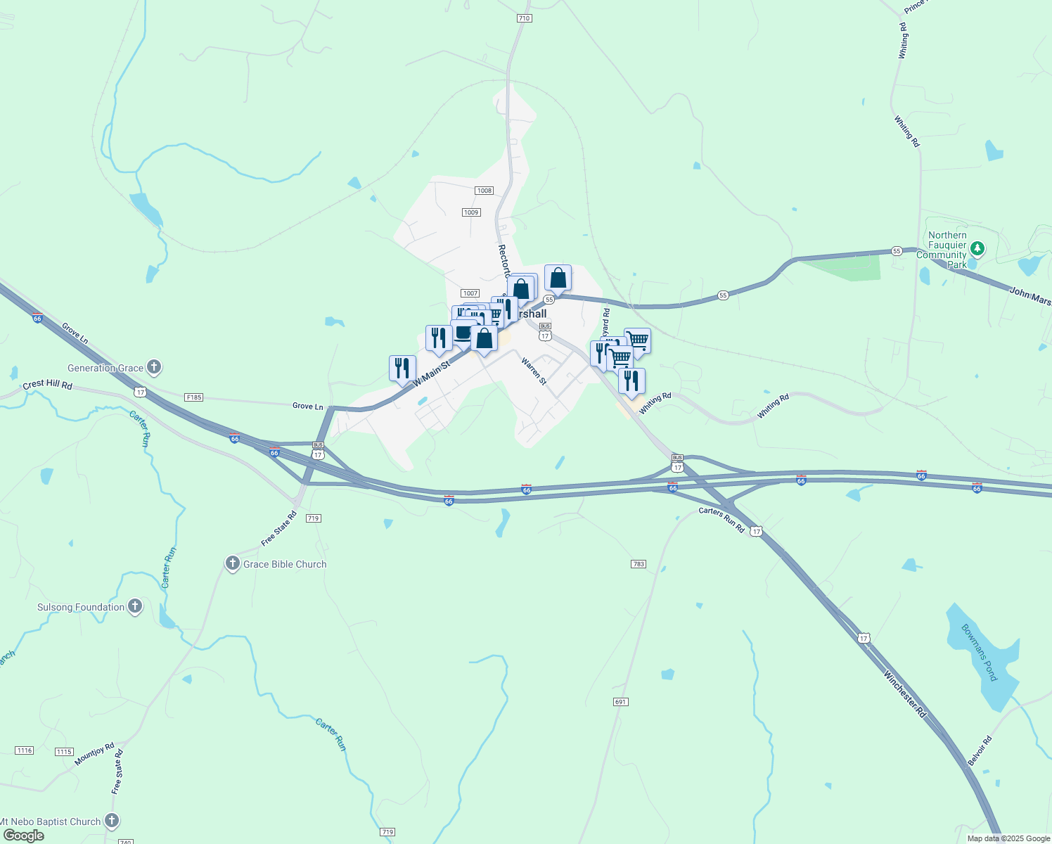 map of restaurants, bars, coffee shops, grocery stores, and more near 4531 Appledale Court in Marshall