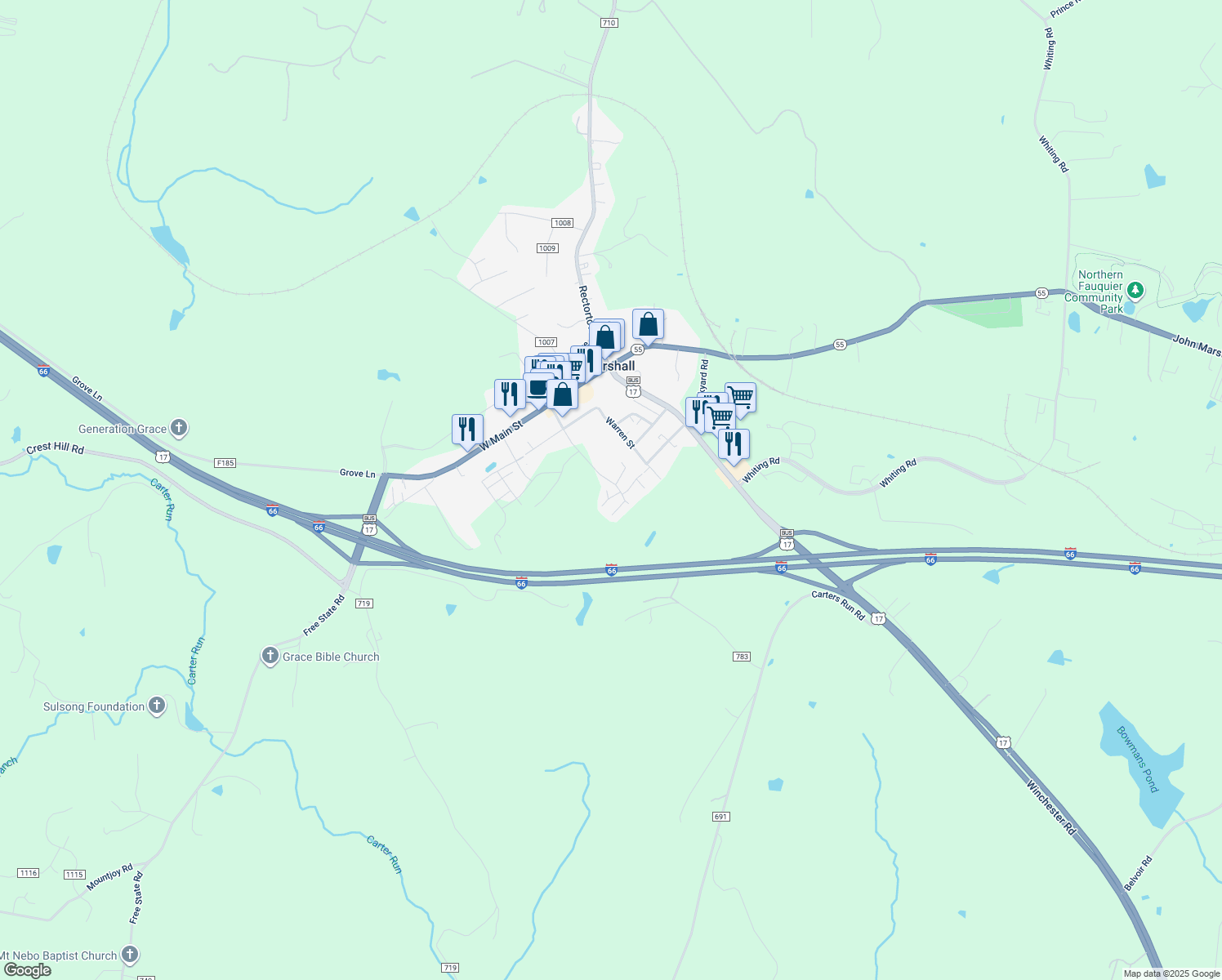 map of restaurants, bars, coffee shops, grocery stores, and more near 4529 Appledale Court in Marshall
