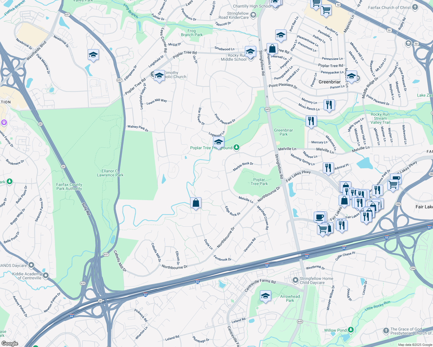 map of restaurants, bars, coffee shops, grocery stores, and more near 13505 Granite Rock Drive in Chantilly