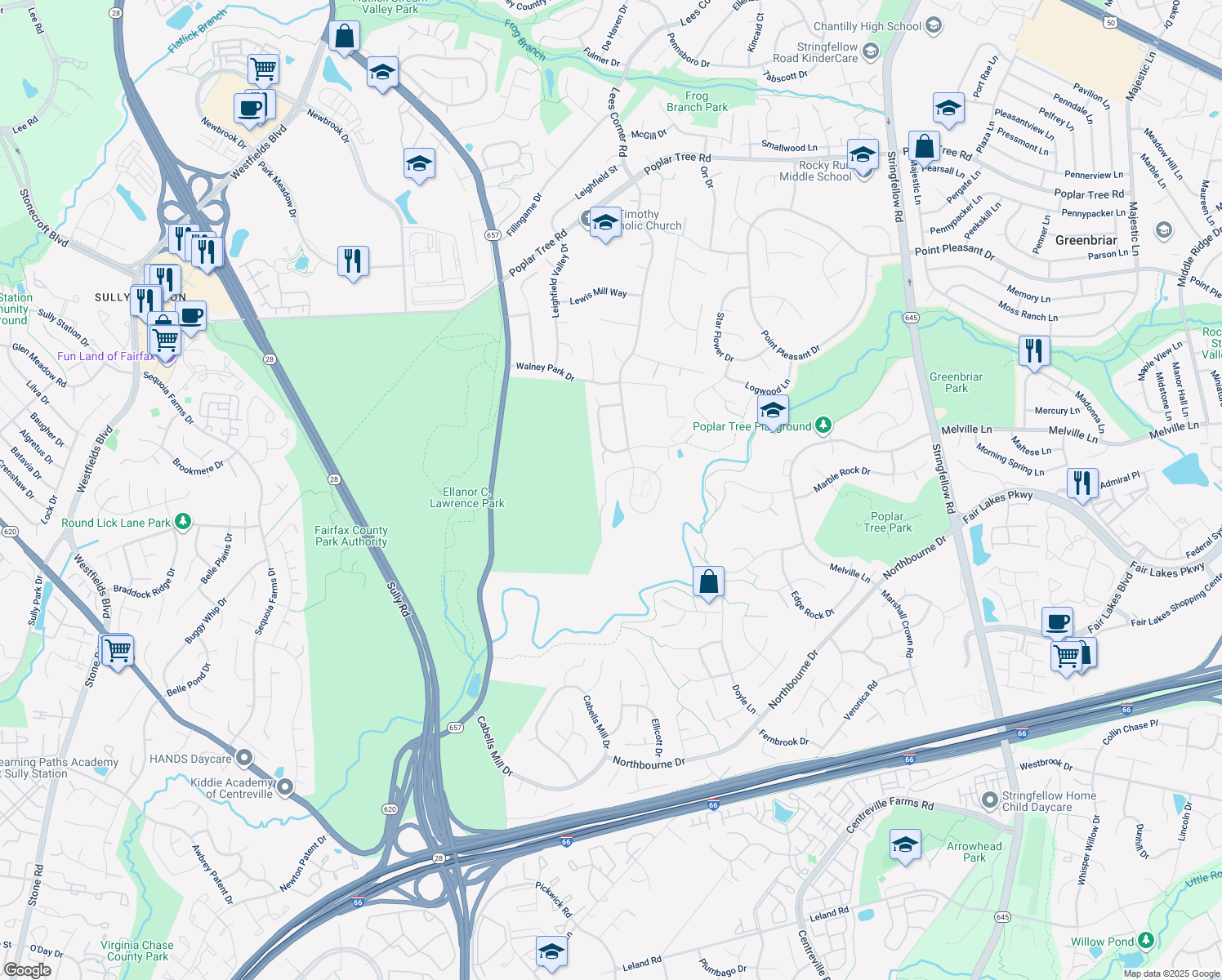 map of restaurants, bars, coffee shops, grocery stores, and more near 13769 Henry Pond Court in Chantilly