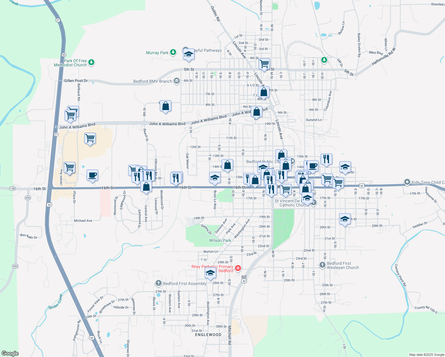 map of restaurants, bars, coffee shops, grocery stores, and more near 1820 15th Street in Bedford