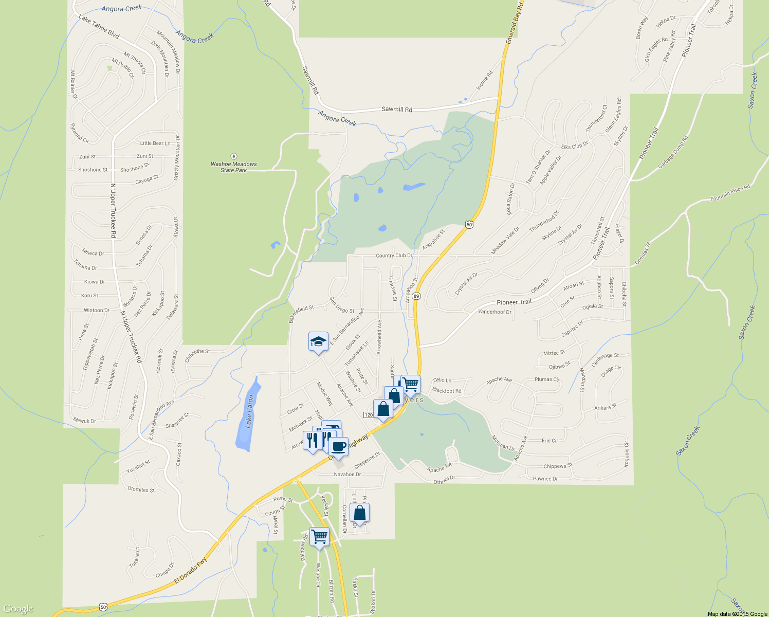 map of restaurants, bars, coffee shops, grocery stores, and more near 1695 Arrowhead Avenue in South Lake Tahoe