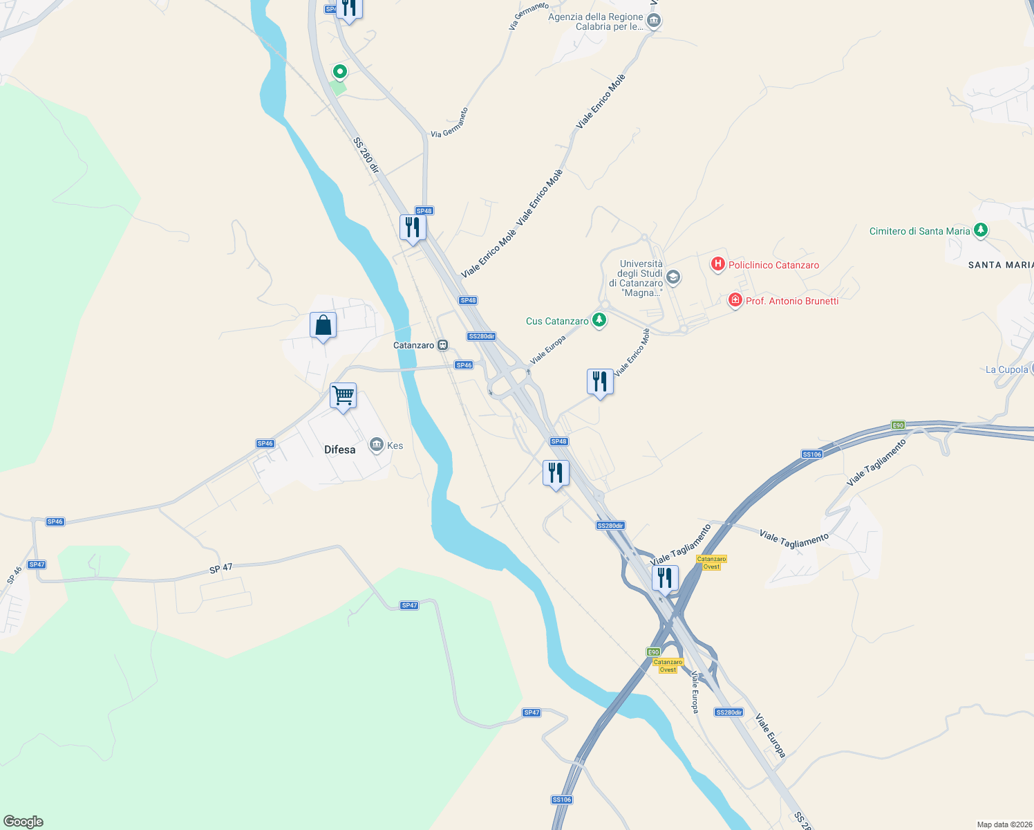 map of restaurants, bars, coffee shops, grocery stores, and more near 35 Viale Europa in Provincia di Catanzaro