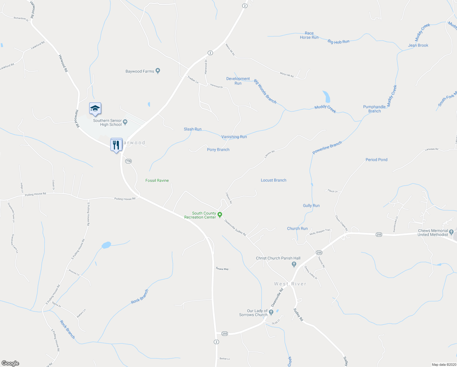 map of restaurants, bars, coffee shops, grocery stores, and more near 162 3 Rivers Road in Harwood