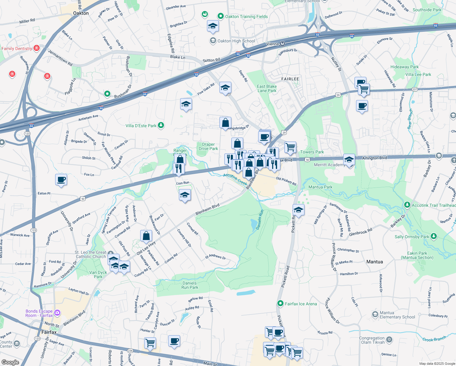 map of restaurants, bars, coffee shops, grocery stores, and more near 9626 Ridge Ave in Fairfax