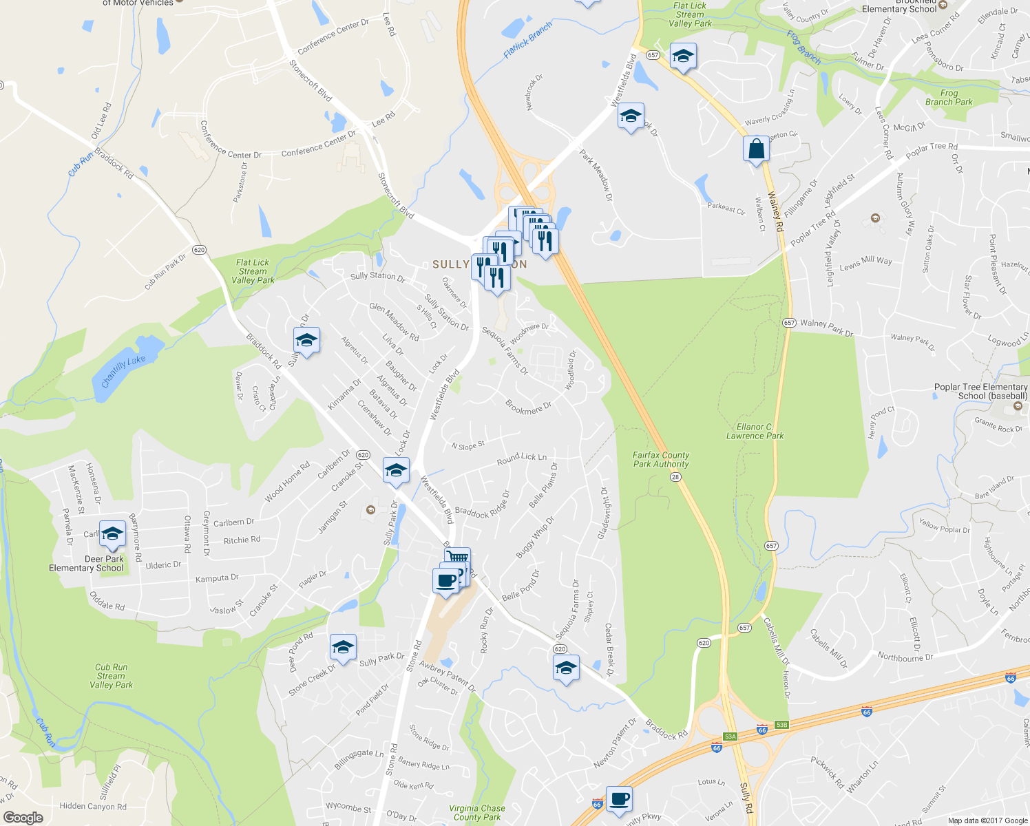 map of restaurants, bars, coffee shops, grocery stores, and more near 14339 Brookmere Drive in Centreville