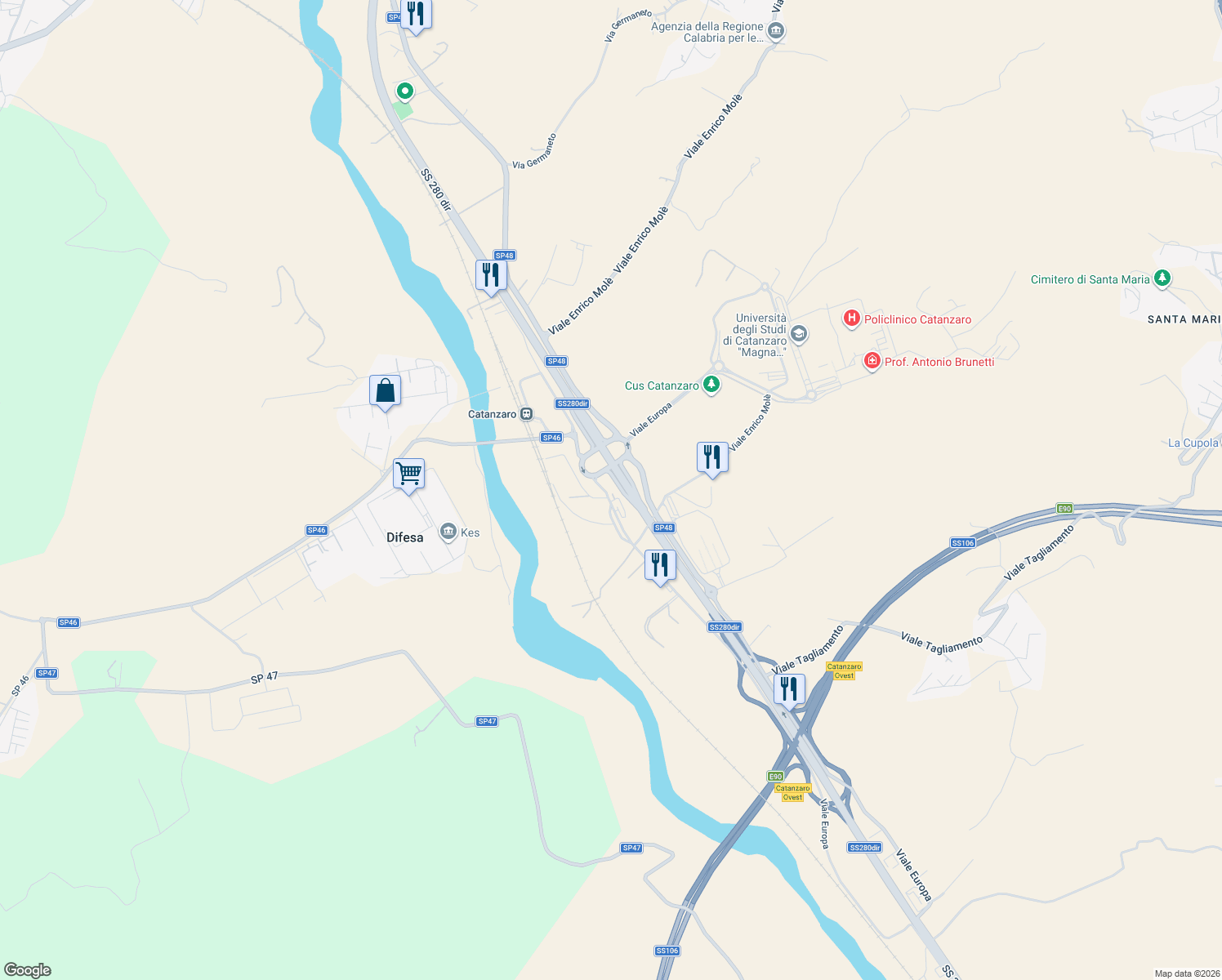 map of restaurants, bars, coffee shops, grocery stores, and more near 35 Viale Europa in Provincia di Catanzaro