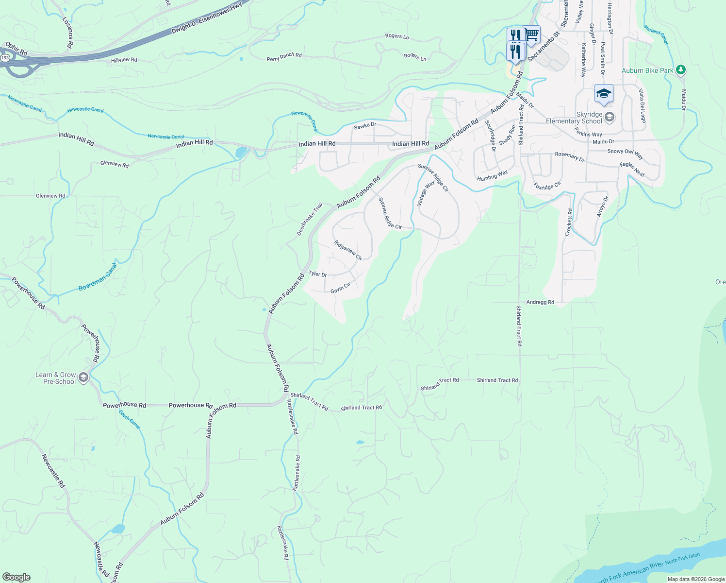 map of restaurants, bars, coffee shops, grocery stores, and more near 1940 Coyote Court in Auburn