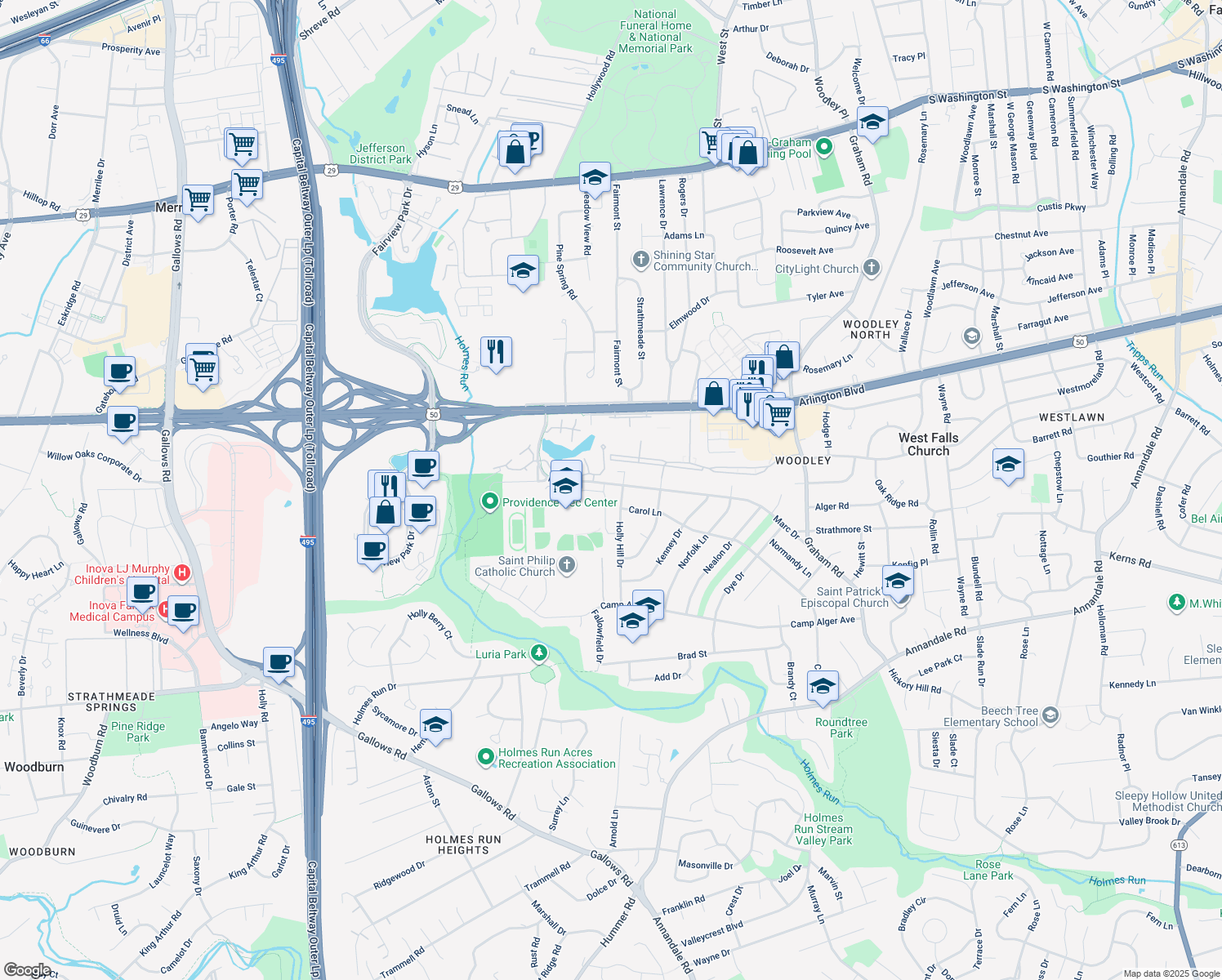 map of restaurants, bars, coffee shops, grocery stores, and more near 7503 Marc Drive in Falls Church