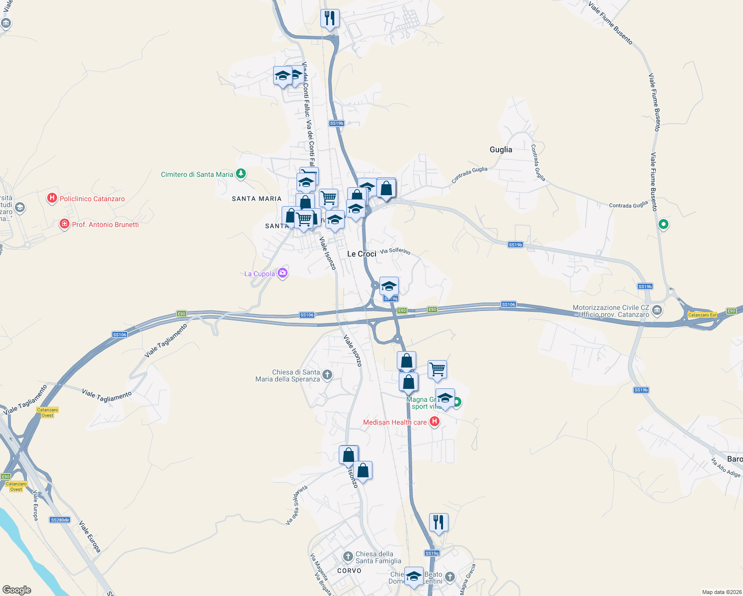 map of restaurants, bars, coffee shops, grocery stores, and more near Via Abruzzi in Catanzaro