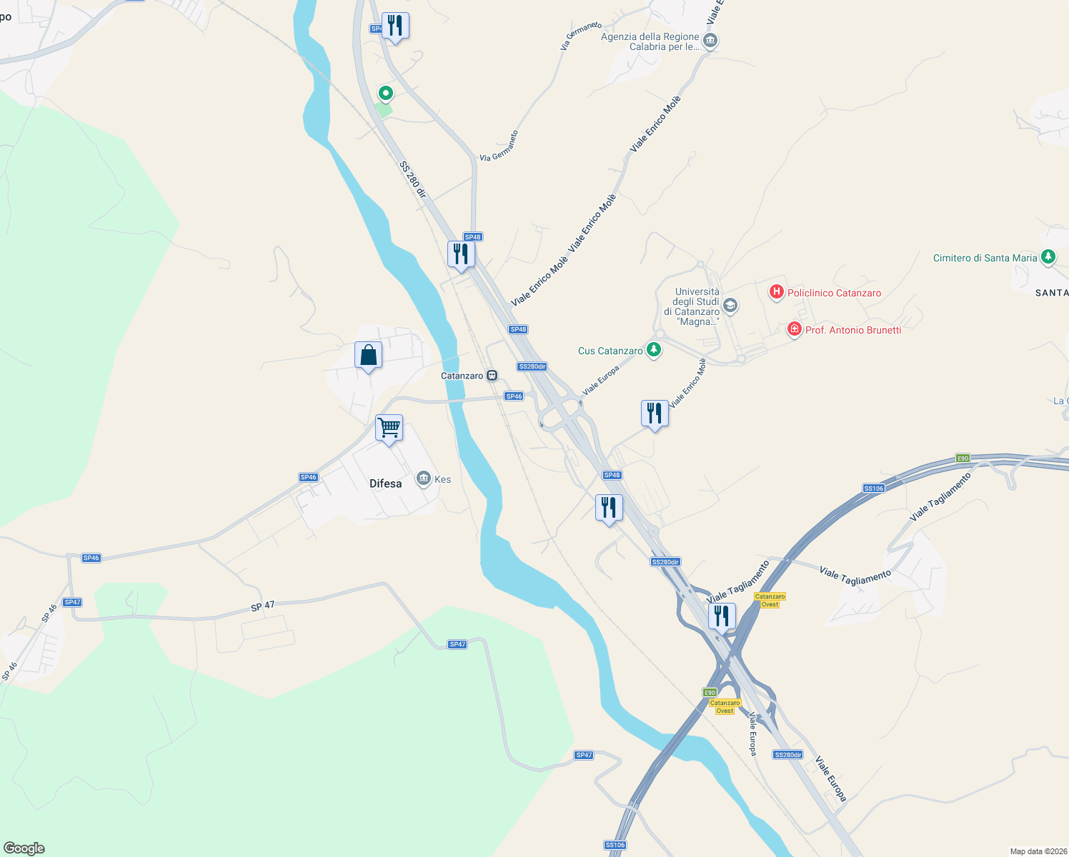 map of restaurants, bars, coffee shops, grocery stores, and more near 35 Viale Europa in Provincia di Catanzaro