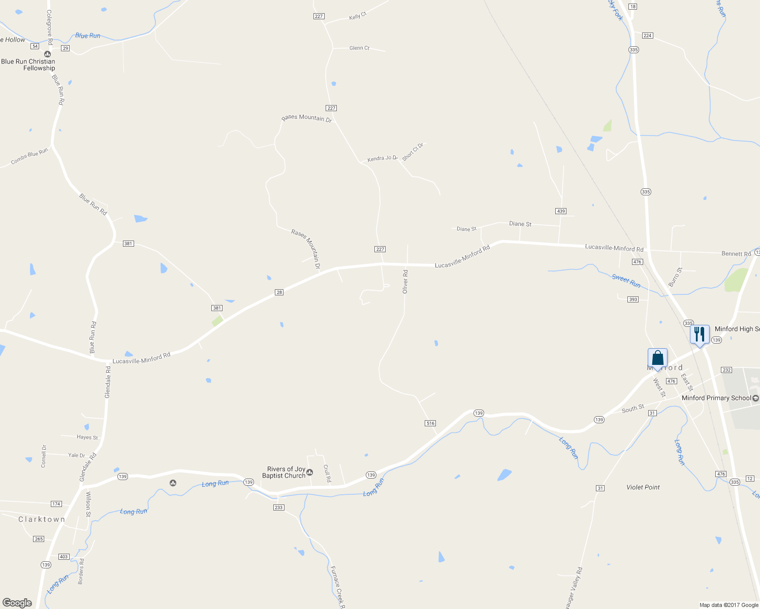 map of restaurants, bars, coffee shops, grocery stores, and more near 139 Parsons Road in Minford