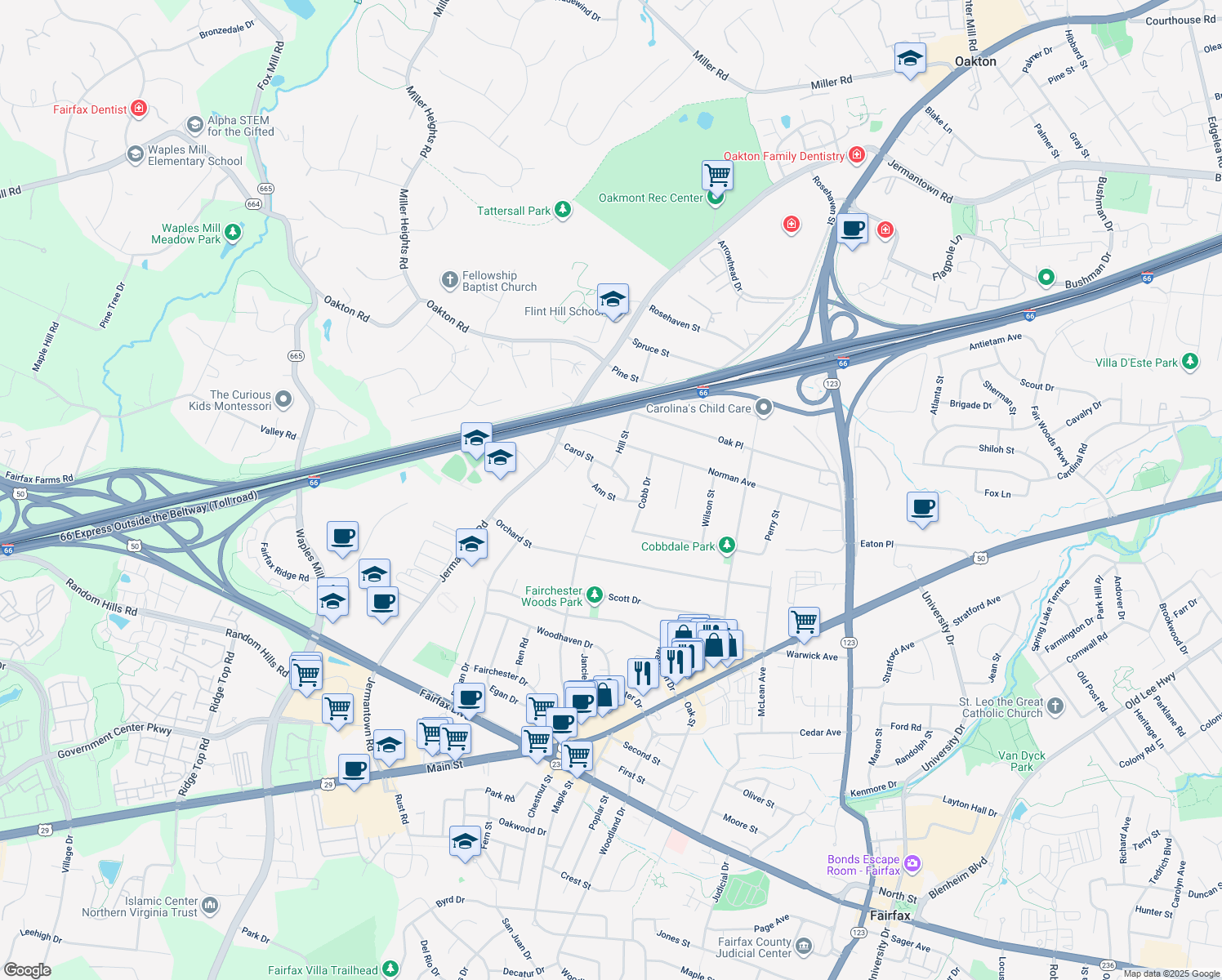 map of restaurants, bars, coffee shops, grocery stores, and more near 10806 Ann Street in Fairfax