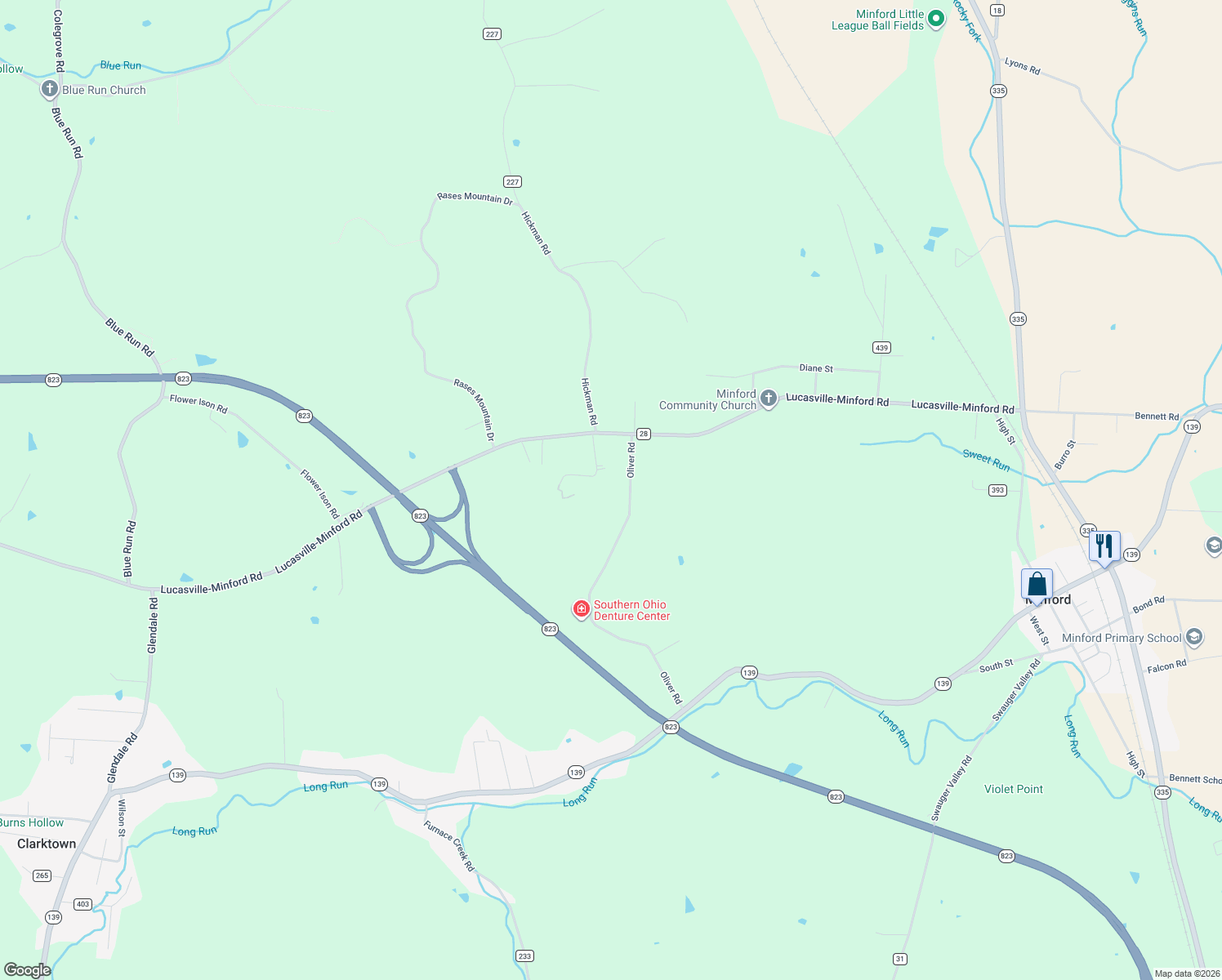 map of restaurants, bars, coffee shops, grocery stores, and more near 139 Parsons Road in Minford