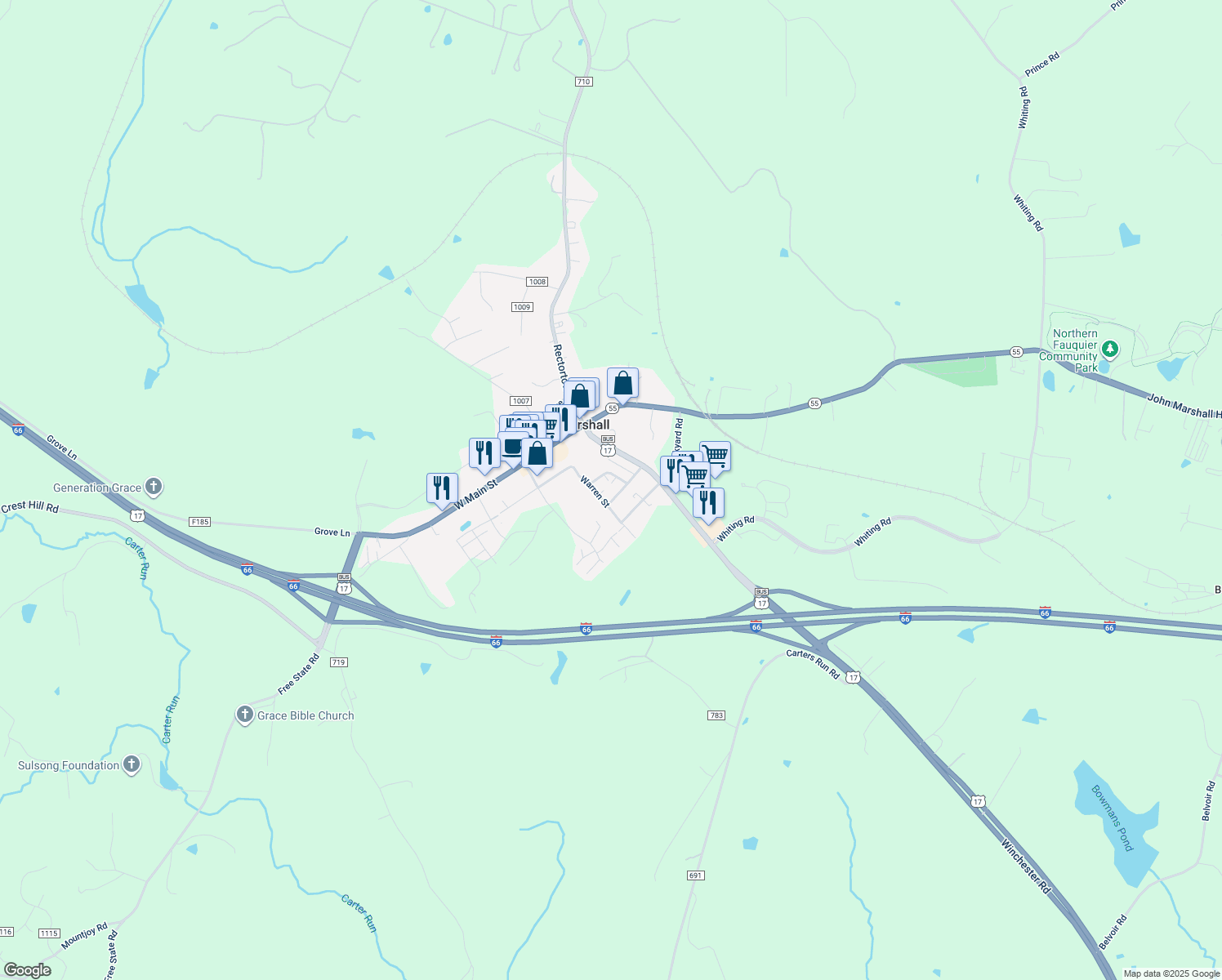map of restaurants, bars, coffee shops, grocery stores, and more near 8478 Ashby Avenue in Marshall