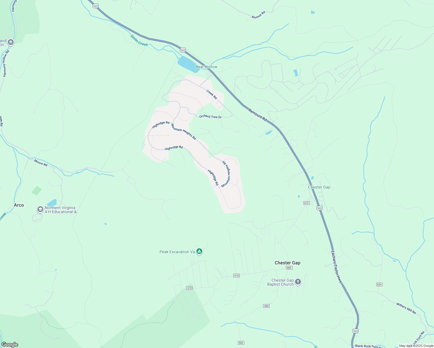 map of restaurants, bars, coffee shops, grocery stores, and more near 628 Highridge Road in Front Royal