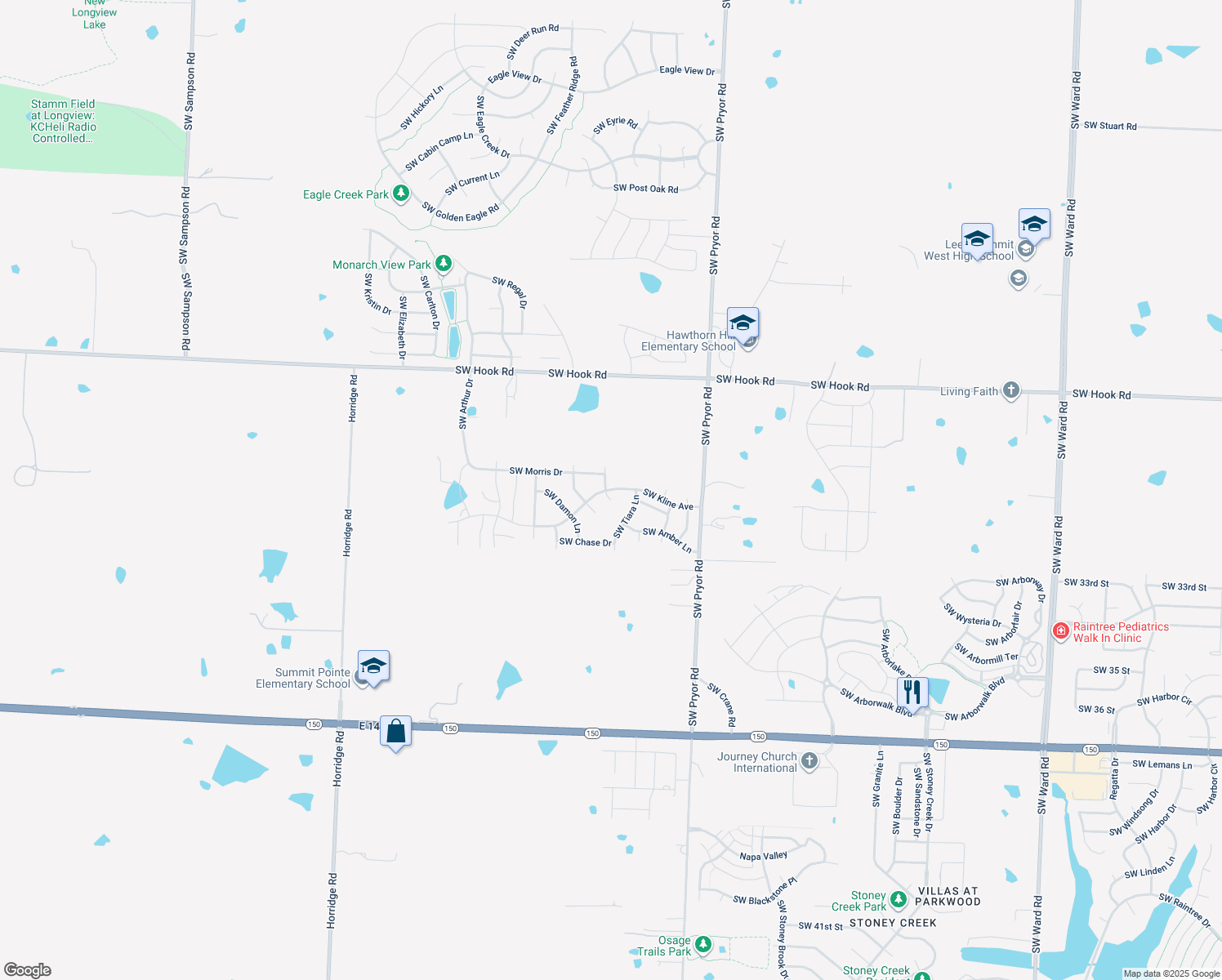 map of restaurants, bars, coffee shops, grocery stores, and more near Southwest Kline Avenue in Lee's Summit