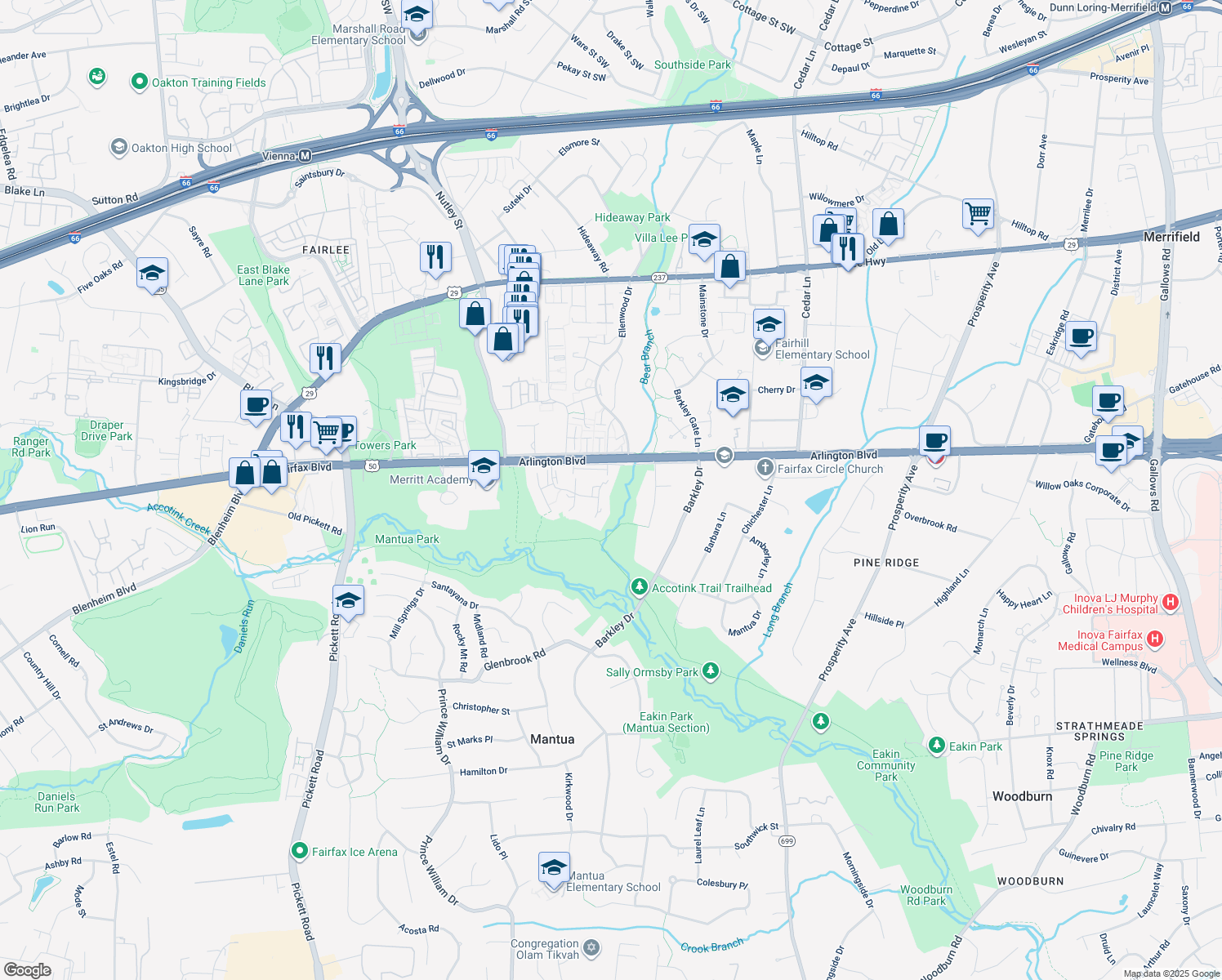 map of restaurants, bars, coffee shops, grocery stores, and more near 3141 Readsborough Ct in Fairfax