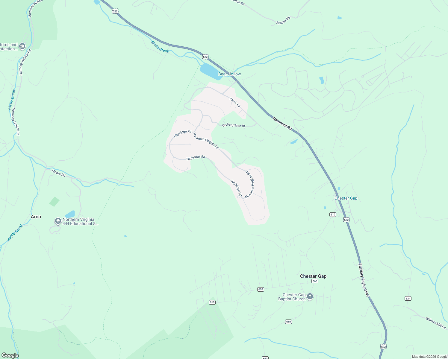 map of restaurants, bars, coffee shops, grocery stores, and more near 728 Highridge Road in Front Royal