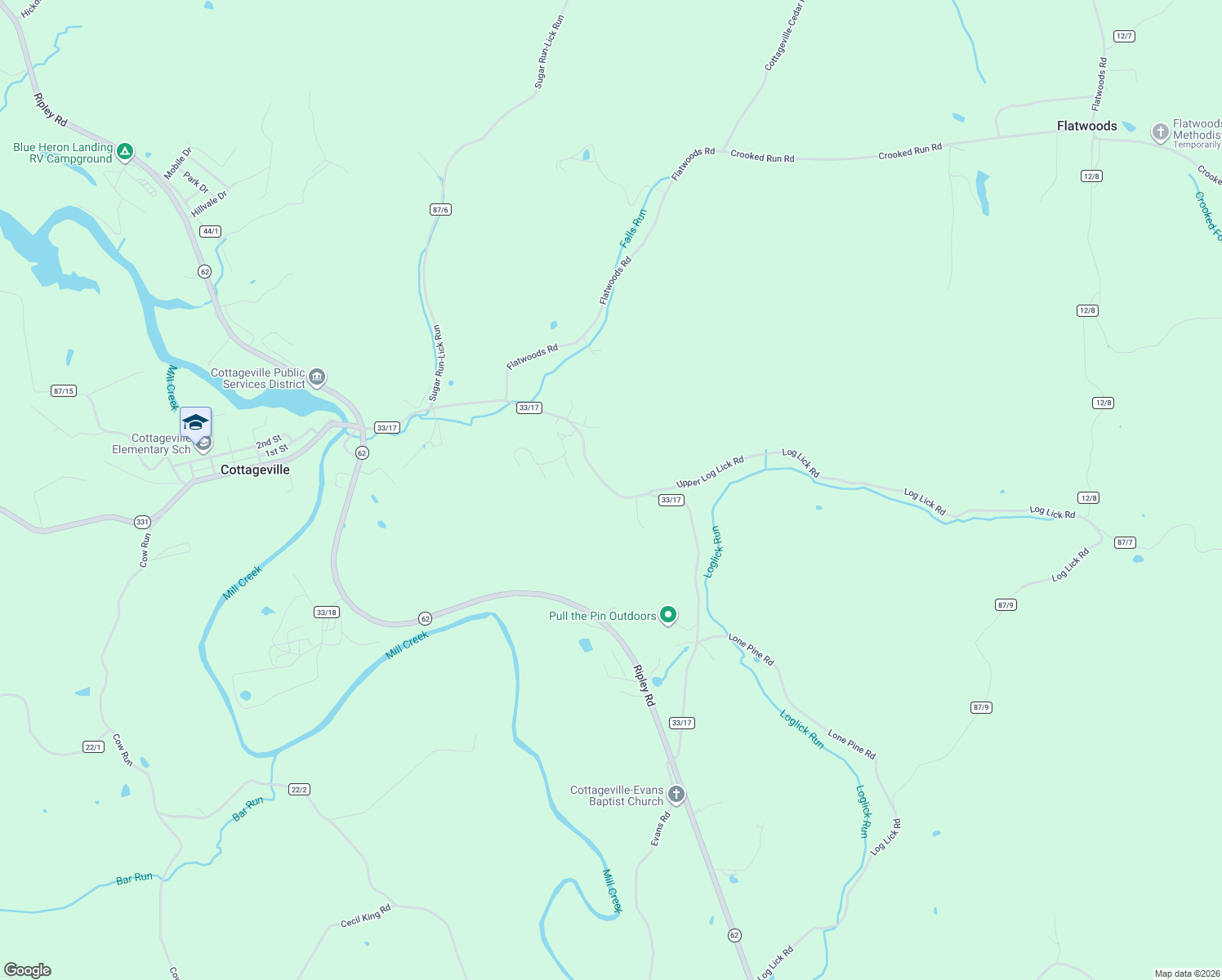 map of restaurants, bars, coffee shops, grocery stores, and more near Conrad Hill Road in Cottageville
