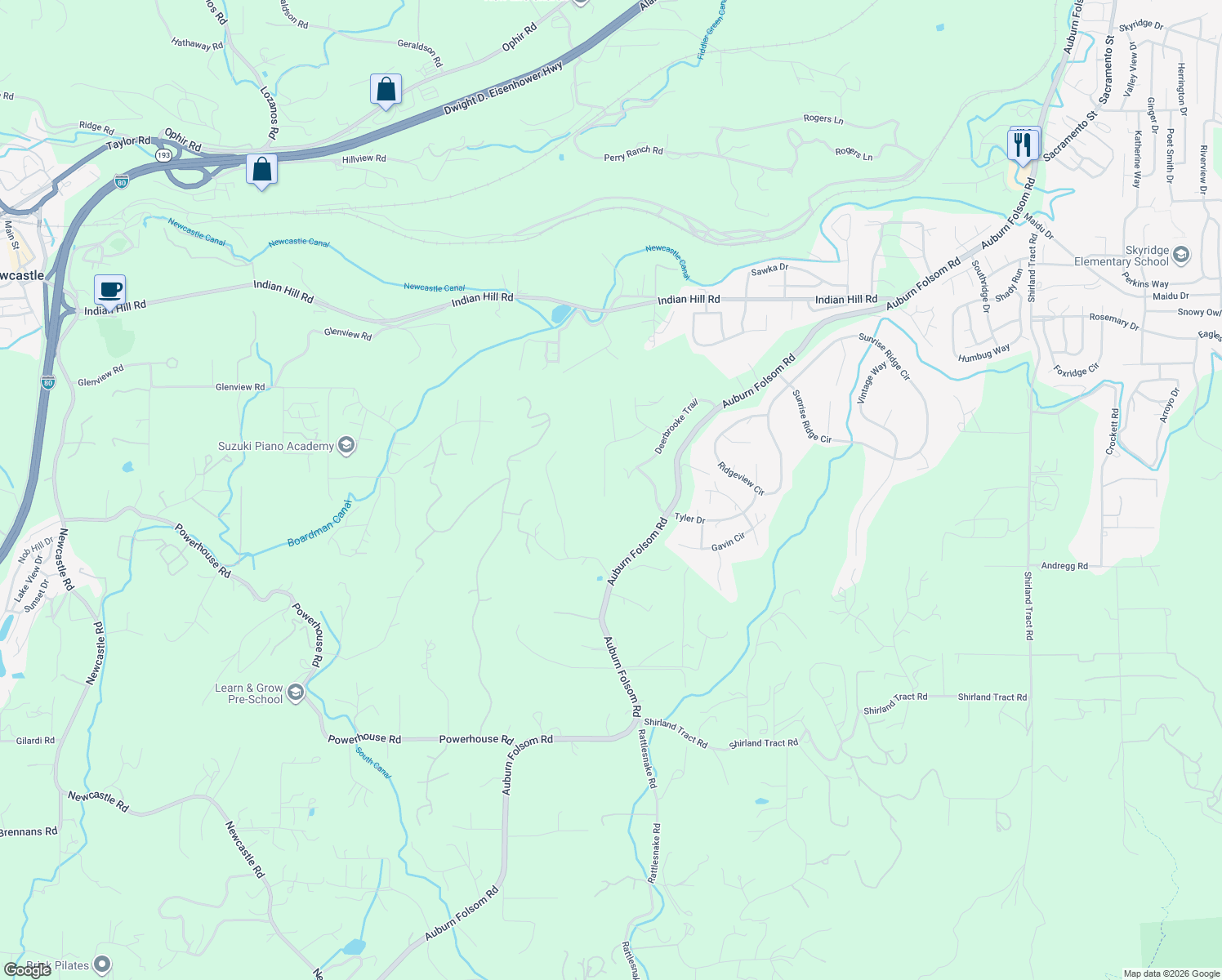 map of restaurants, bars, coffee shops, grocery stores, and more near 643 Lakeridge Drive in Auburn