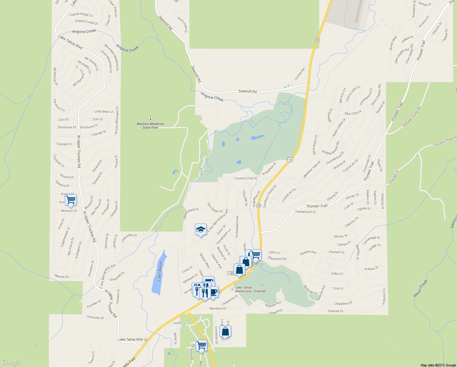 map of restaurants, bars, coffee shops, grocery stores, and more near 1593 Arrowhead Avenue in South Lake Tahoe