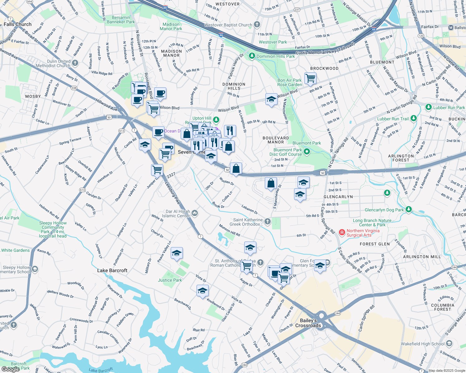 map of restaurants, bars, coffee shops, grocery stores, and more near 3100 Collie Lane in Falls Church