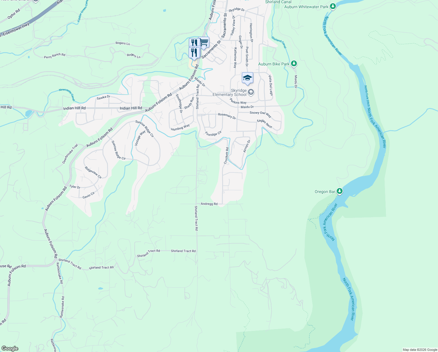 map of restaurants, bars, coffee shops, grocery stores, and more near 1802 Crockett Road in Auburn