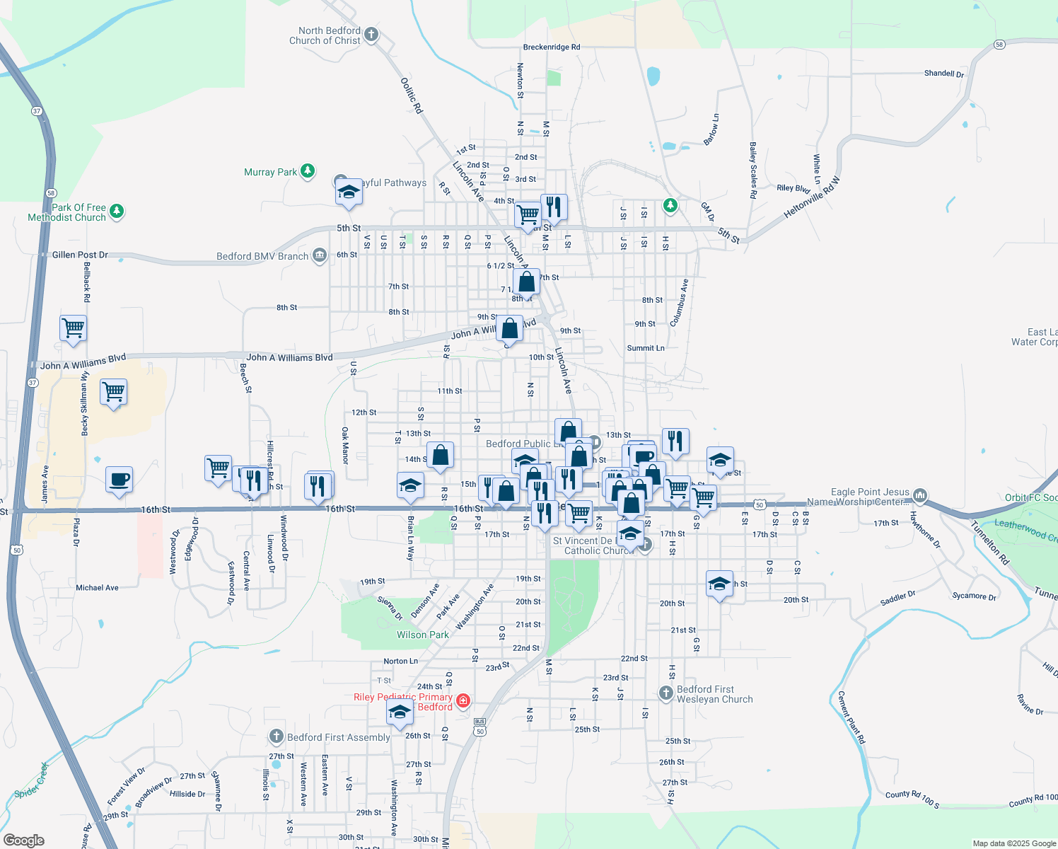map of restaurants, bars, coffee shops, grocery stores, and more near 1220 N St in Bedford